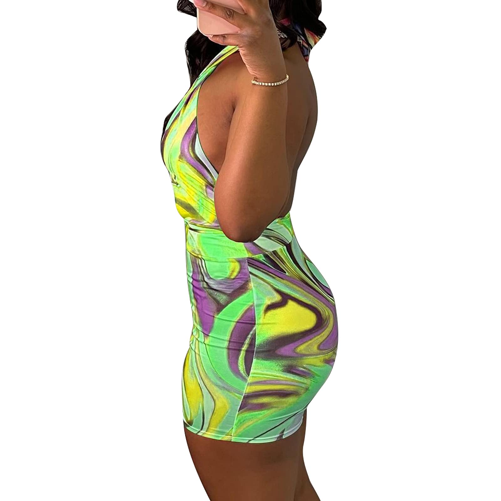 Sexy Women's Halter Dresses - Tie Dye Print Bandage Bodycon Mini Dress with Backless Design for Club Party Night Out (Green, X-Large) | Perfect for Date Nights, Cocktail Parties & Summer Vacations