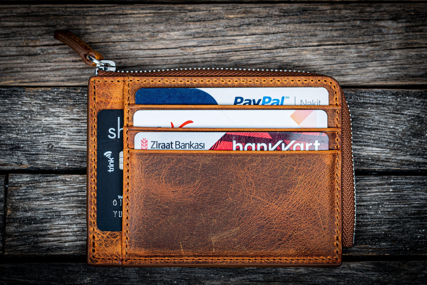 Genuine Leather Zippered Mega Mini Wallet - Crazy Horse Brown - Compact & Stylish for Everyday Use, Travel & Business