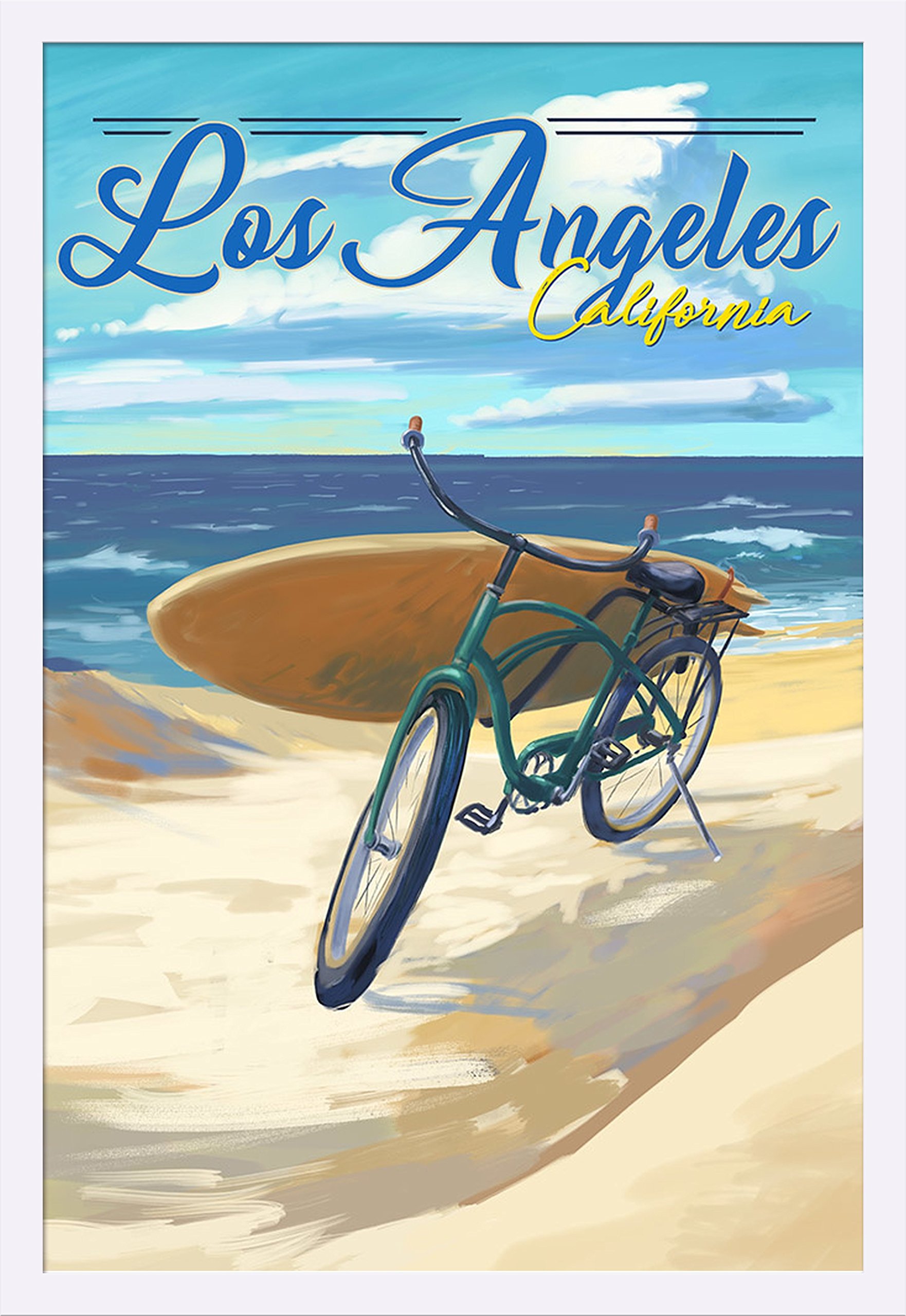 California Beach Cruiser and Surfboard Art Print - 24x36 Giclee on White Wood Gallery Frame - Coastal Wall Decor for Living Room, Bedroom & Beach House