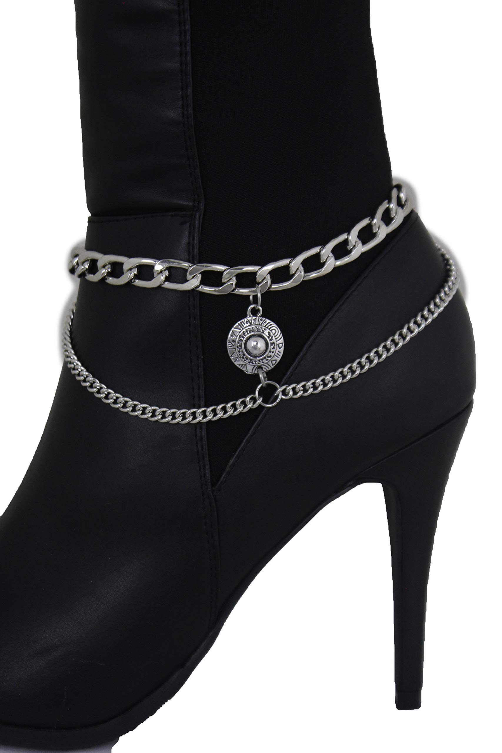TFJ Women's Western Boot Chain Metal Bling Bracelet - Silver Medallion Coin Anklet for Cowgirl Fashion | Perfect for Country Music Festivals, Rodeo Events & Boho Style Outfits