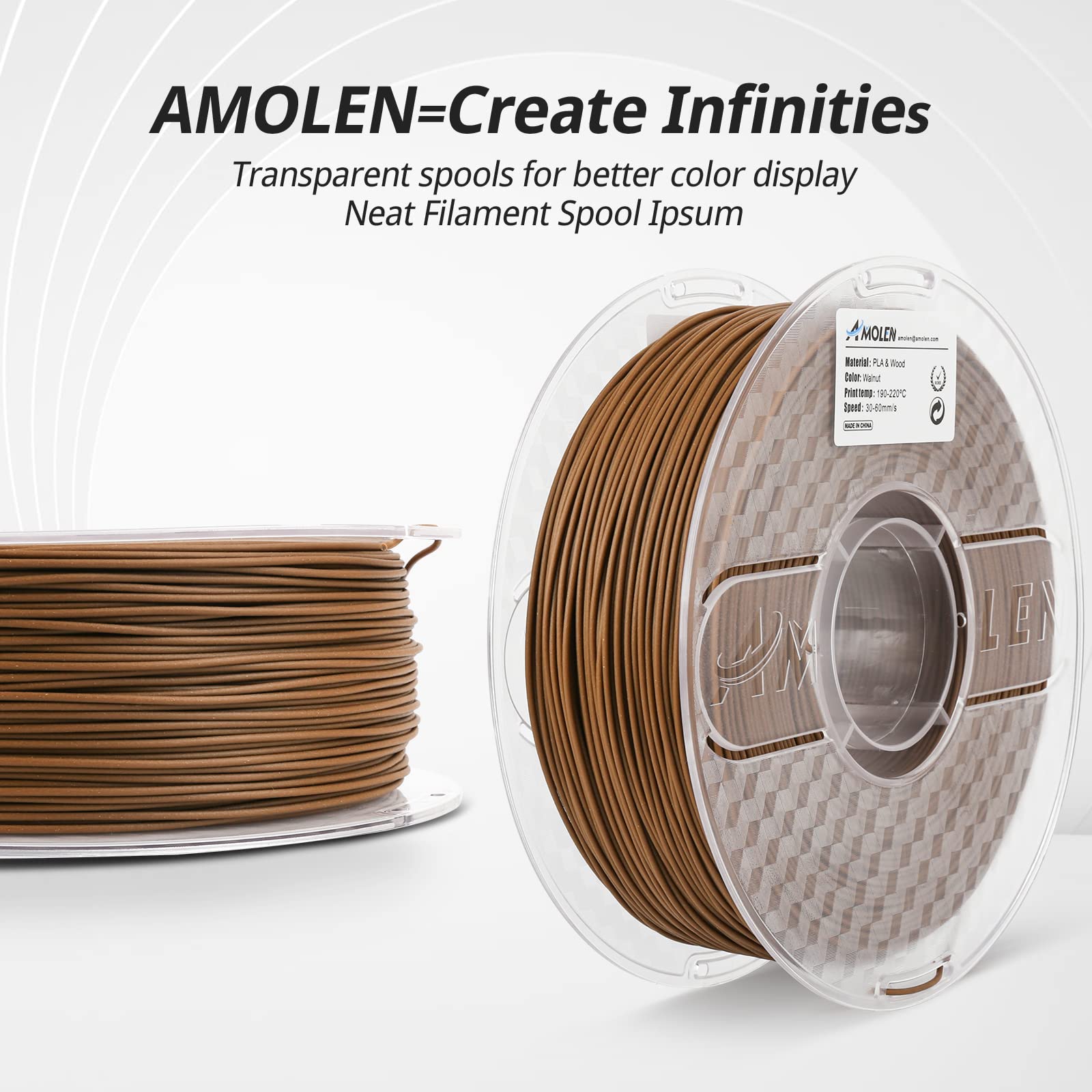 AMOLEN 1.75mm Dark Walnut Wood PLA 3D Printer Filament with Real Wood Fiber - 1KG Spool (±0.02mm Accuracy) for Wood Texture Prints - Perfect for DIY Crafts, Home Decor & Architectural Models