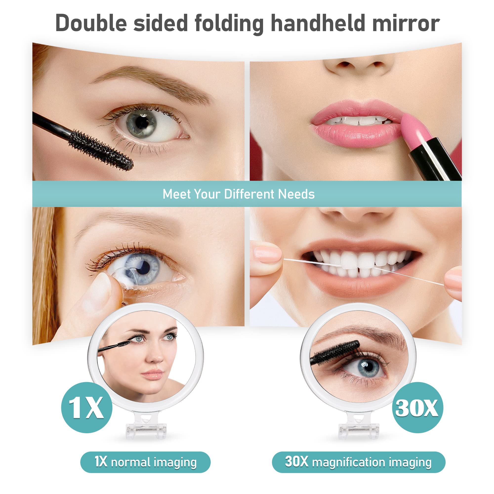 MIYADIVA 30X Magnifying Hand Mirror with Handle - Double-Sided 1X/30X Travel Makeup Mirror, 5-Inch Foldable Portable Mirror for Women - Perfect Gift for Makeup, Skincare & Travel Accessories