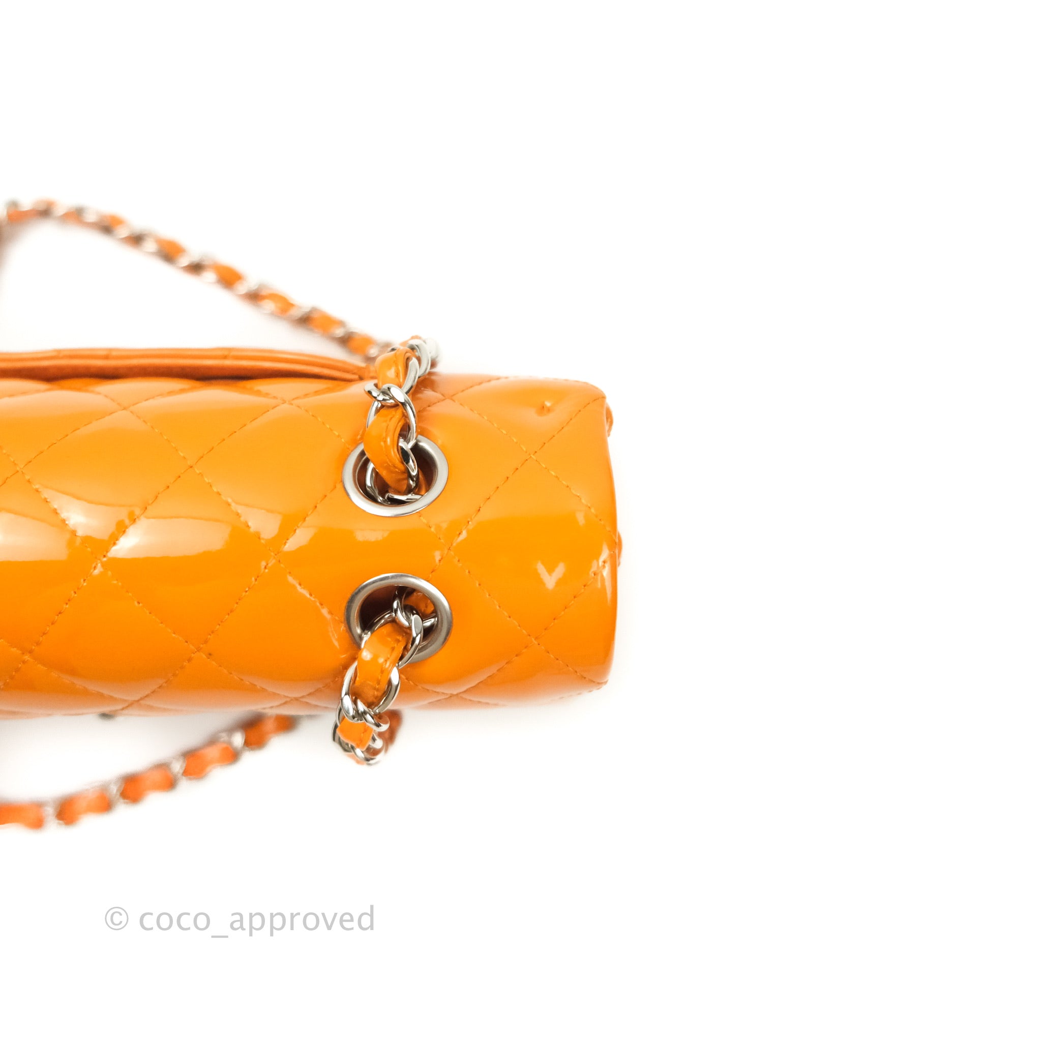 Chanel Classic M/L Medium Double Flap Bag in Orange Patent Leather with Silver Hardware - Perfect for Evening Events & Luxury Fashion Accessories