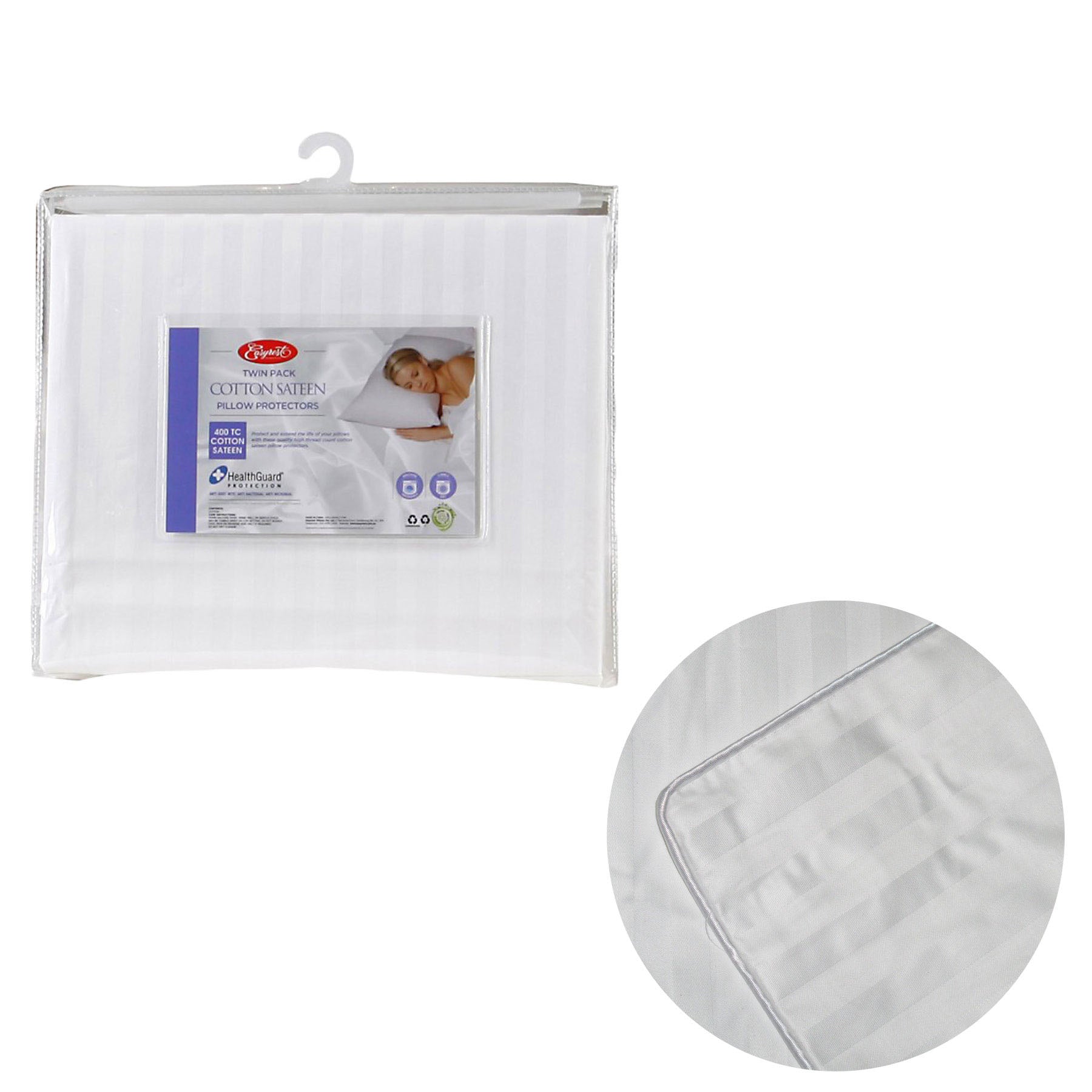 Easyrest 400 Thread Count Cotton Sateen Twin Pack Standard Pillow Protectors - Hypoallergenic & Breathable for Allergy Relief, Bedding Protection (Perfect for Hotels, Dorm Rooms & Guest Bedrooms)