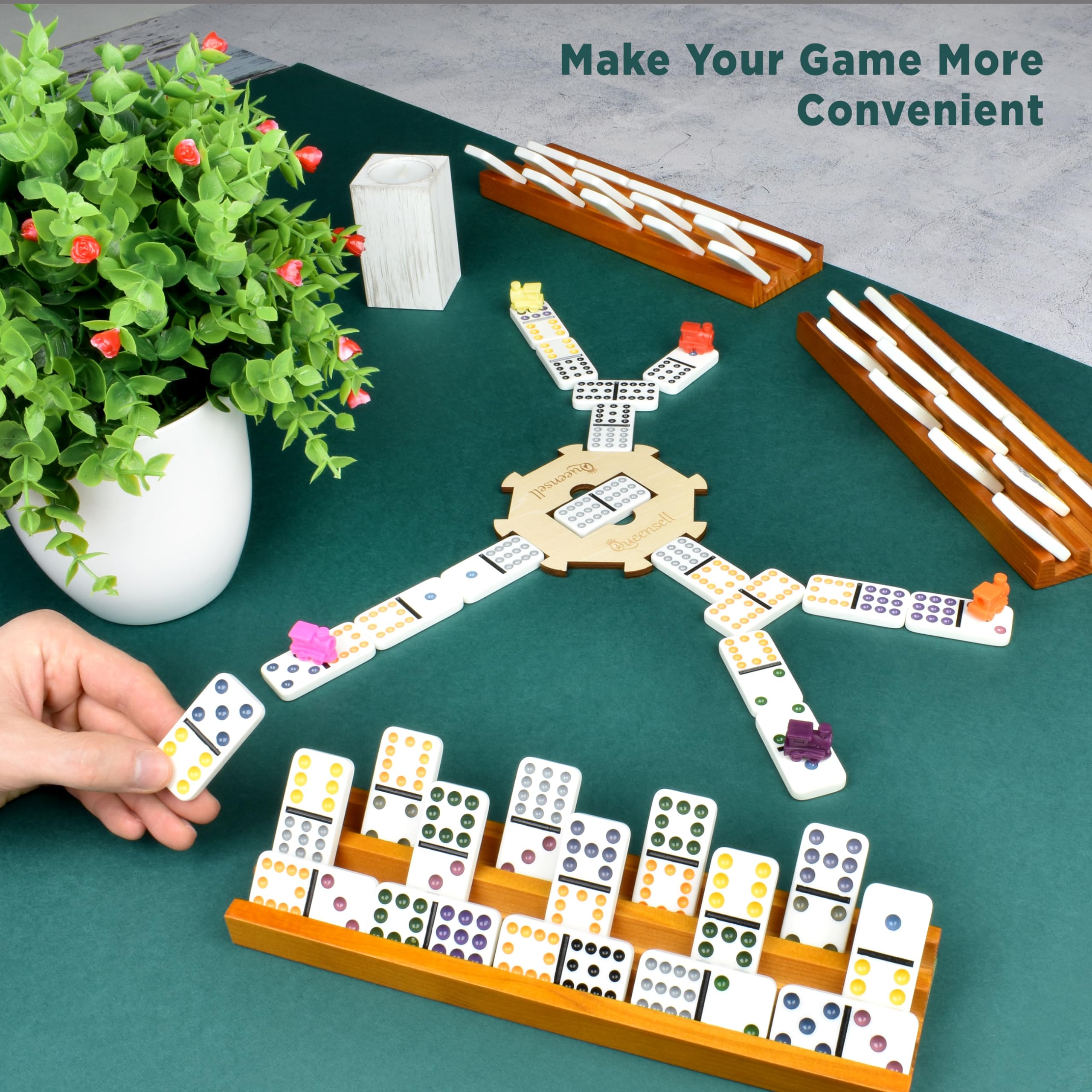 Premium Wooden Domino Holders Set of 4 - Classic Board Game Accessories for Mexican Train Dominoes - Durable Domino Racks & Trays for Family Game Night - Perfect for Parties, Game Rooms, and Family Gatherings
