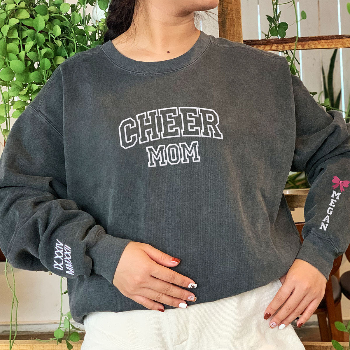 Custom Embroidered Cheer Mom Sweatshirt & Hoodie with Kids Names on Sleeve - Perfect for Sports Games, School Events & Family Photos