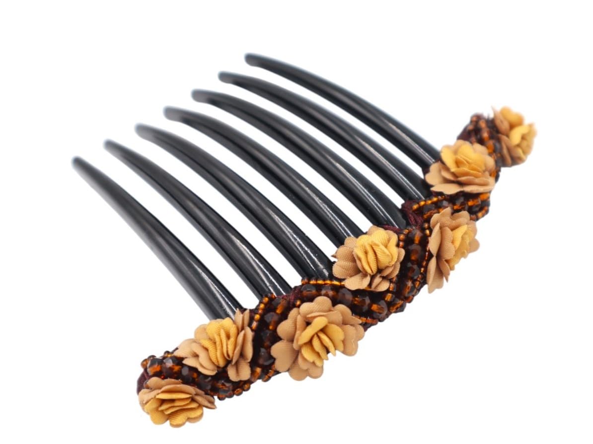 Handmade Fabric Daisy Flower Side Comb Hair Accessories for French Twist & Wedding Hairstyles - Decorative Brown Hair Comb for Bridal, Prom & Special Occasions