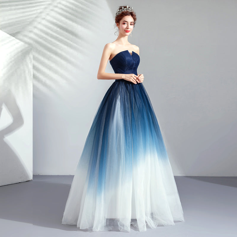 Blue Gradient A-Line Skirt Strapless Light Yarn Romantic Evening Dress for Women | Elegant Party Gown for Prom, Cocktail, Wedding Guest & Special Occasions