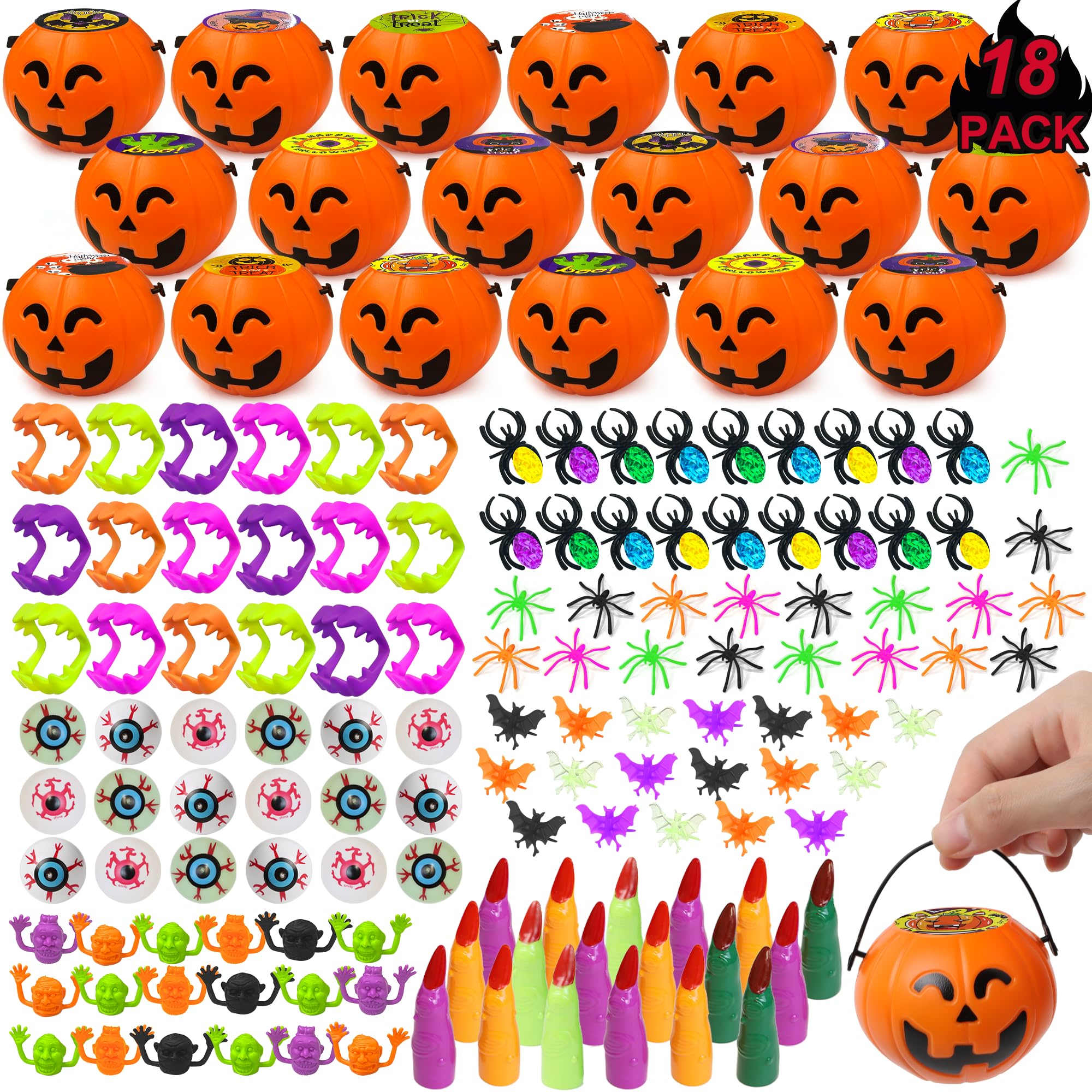 144 Pcs Halloween Party Favors for Kids - 18 Pack Prefilled Mini Pumpkin Toy Boxes Bulk Halloween Prizes, Trick or Treat Gifts, Classroom Rewards & Party Supplies for Halloween Festivities