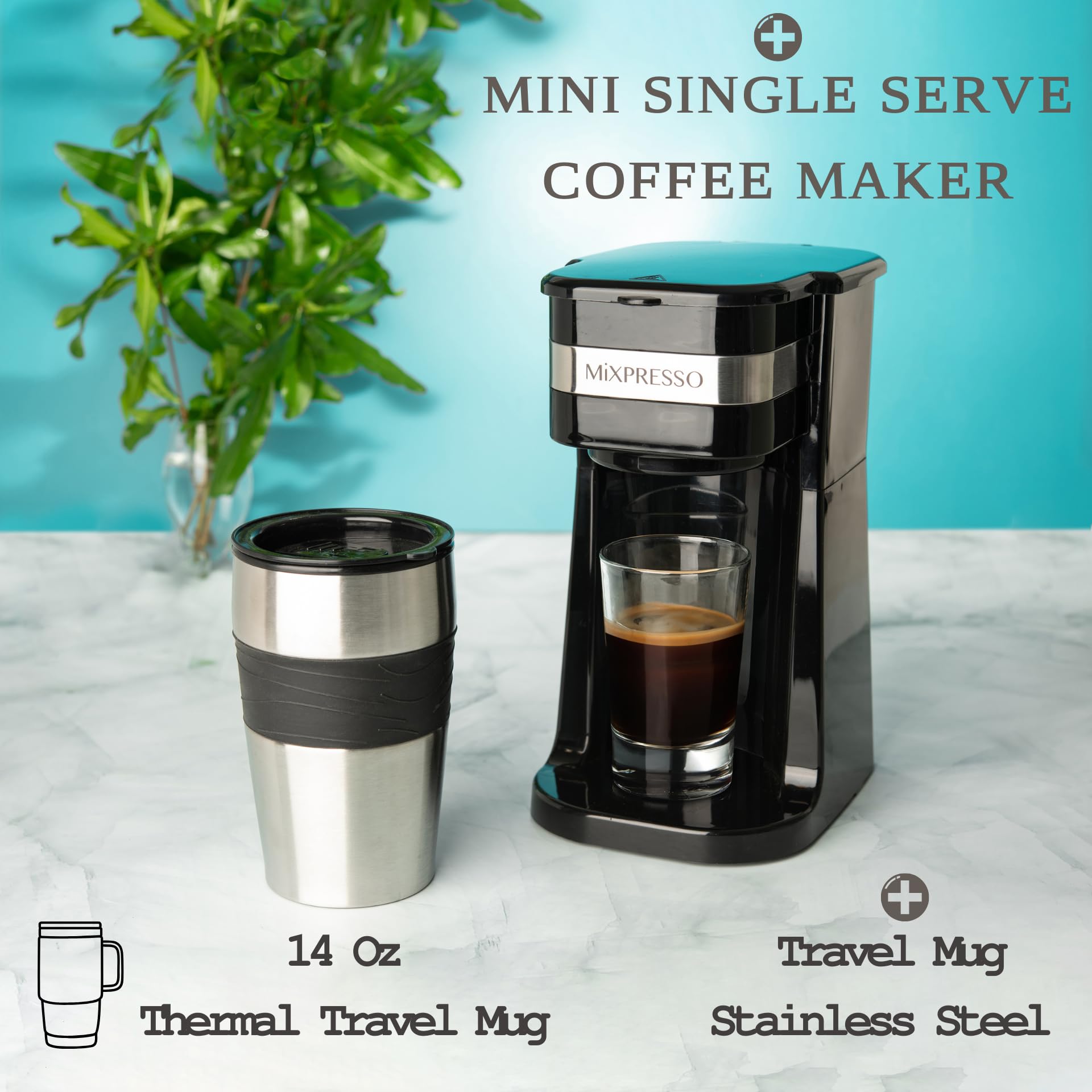 Mixpresso Personal Single Serve Coffee Maker with 14oz Travel Mug - Compact Drip Coffee Machine & Insulated Tumbler - Auto Shut Off & Reusable Filter - Works with Coffee Grounds - Perfect for Home, Office & Travel Use