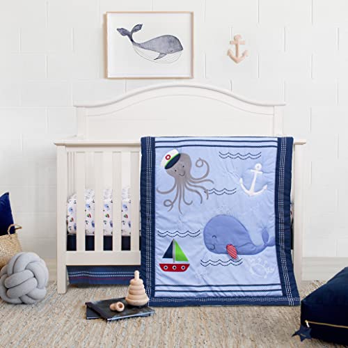 **Cloele 3-Piece Nautical Baby Crib Bedding Set for Boys - Whale & Octopus Printed Nursery Set with Fitted Sheet, Blanket & Skirt | Navy Blue Ocean Theme | Perfect for Newborns, Infants & Toddlers**