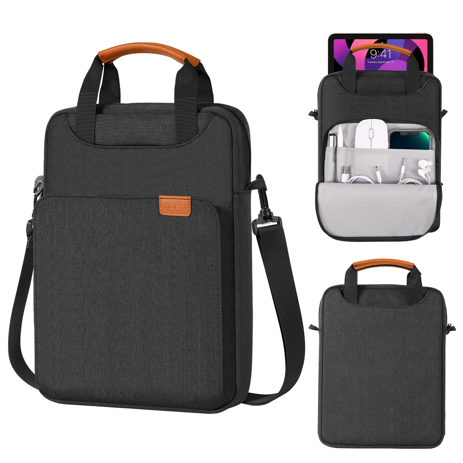 MoKo Unisex Tablet Shoulder Sleeve Bag for 9-11 Inch iPad, Samsung Galaxy Tab - Lightweight & Water-Resistant Black & Gray Case - Perfect for Travel, Work, and School Commute