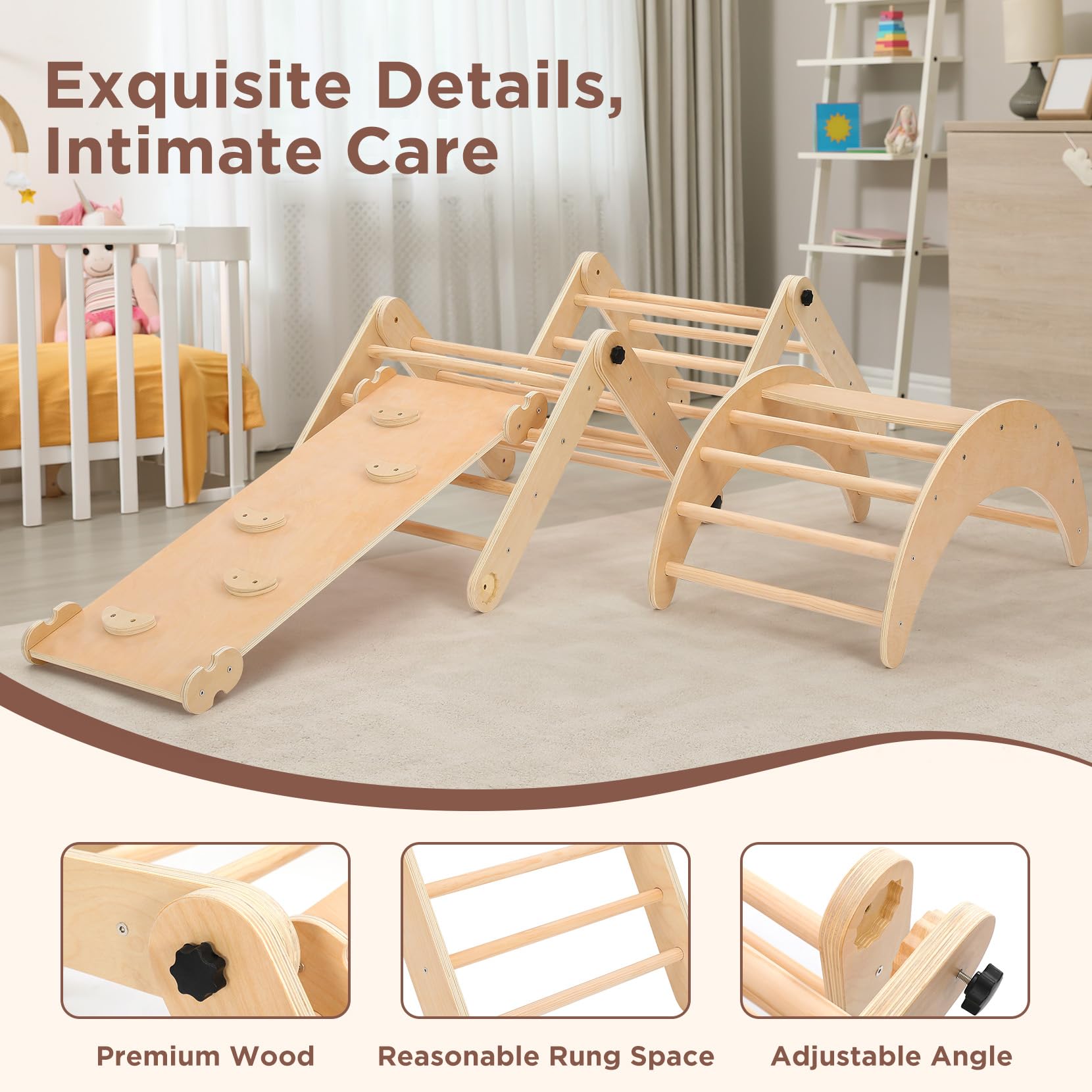 Dripex Adjustable Pikler Triangle Set - 20+ Fun Play Modes for Toddlers Ages 1-3 | Large Sturdy Indoor Jungle Gym for Early Learning & Development | Perfect for Montessori Playrooms, Daycare Centers & Home Play Areas