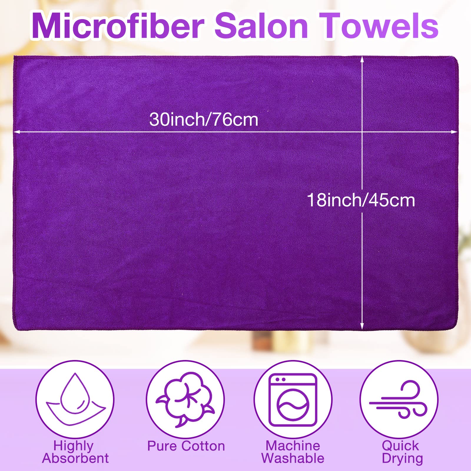 72 Pack Microfiber Salon Towels 18x30 Inch - Bleach Proof, Lint Free, Quick Dry Hair & Hand Towels for Barber, Spa, Gym, Bath - Perfect for Hair Styling, Shaving & Skincare (Purple)