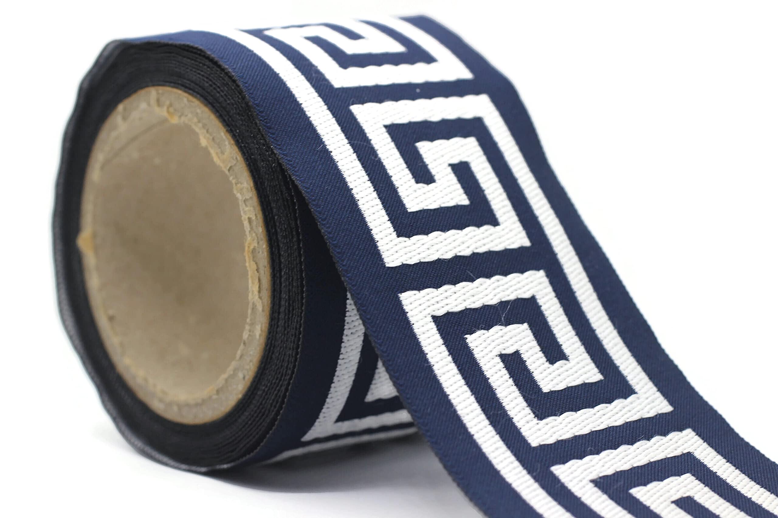 16 Yards Dark Blue Greek Key Ribbon Trim - 2.67 Inch Wide Jacquard Drapery Banding Tape for Curtains, Drapes & Upholstery Fabric (176-V10) - Perfect for Home Decor, DIY Projects & Wedding Decorations
