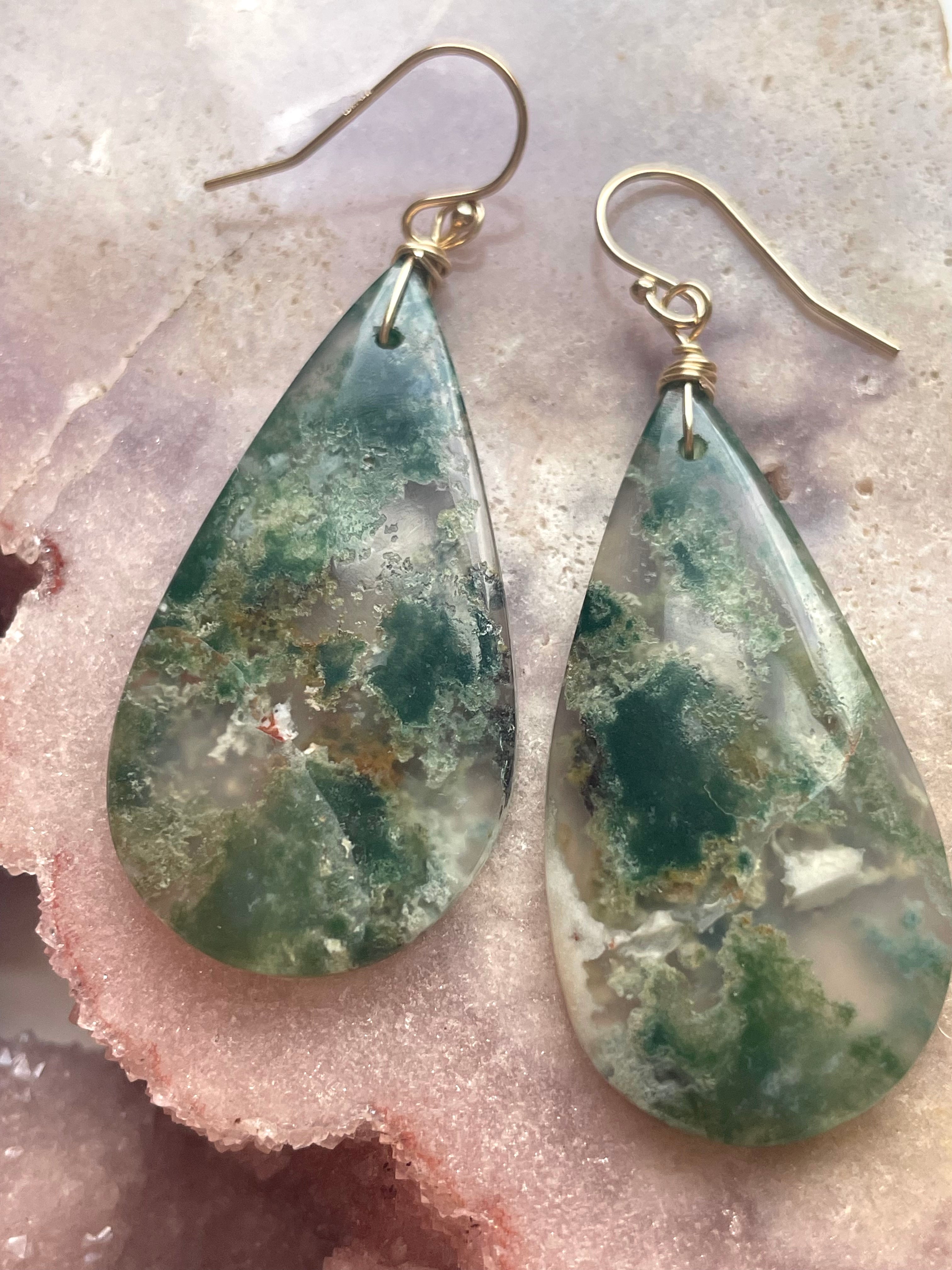 Large Moss Agate Statement Earrings - Gold Filled Dangle Earrings for Women - Elegant Boho Jewelry for Parties, Weddings & Special Occasions