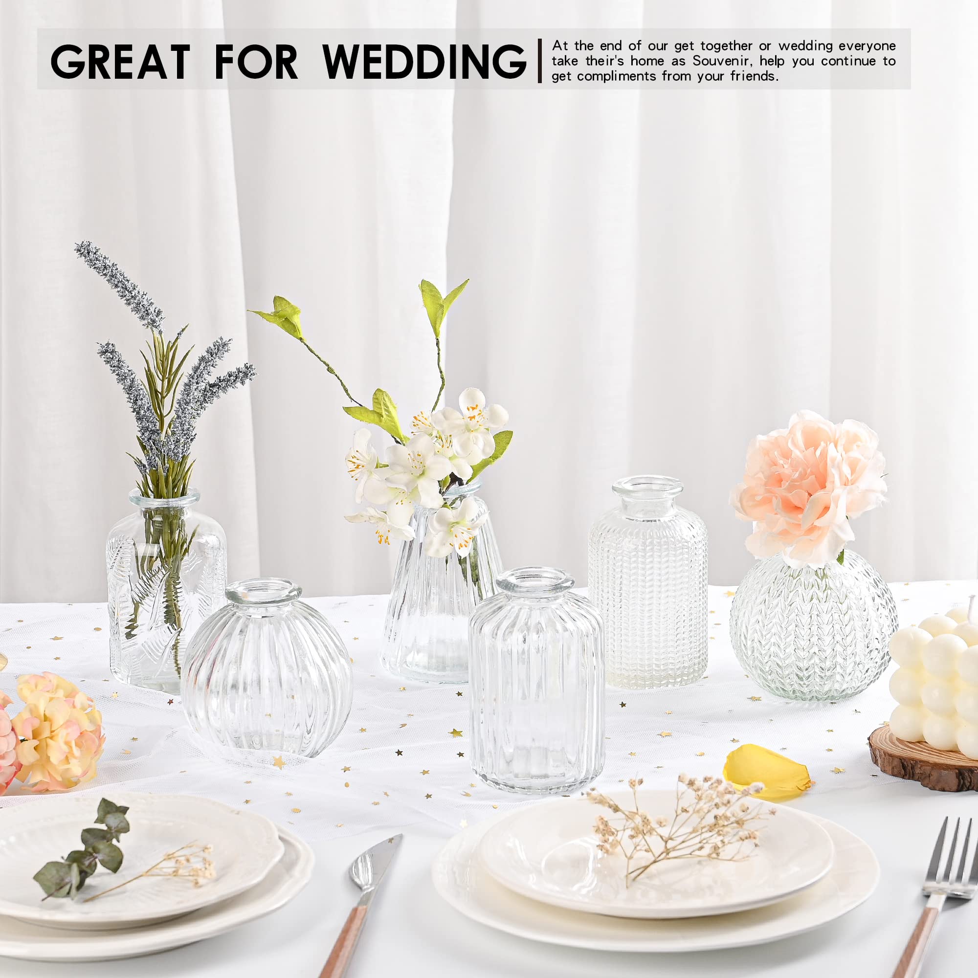 EylKoi 6-Piece Set Small Glass Flower Vases - Clear Bud Vases in Different Shapes for Weddings, Home Decor & Table Centerpieces | Perfect for Wedding Decorations, Home Events & Floral Arrangements