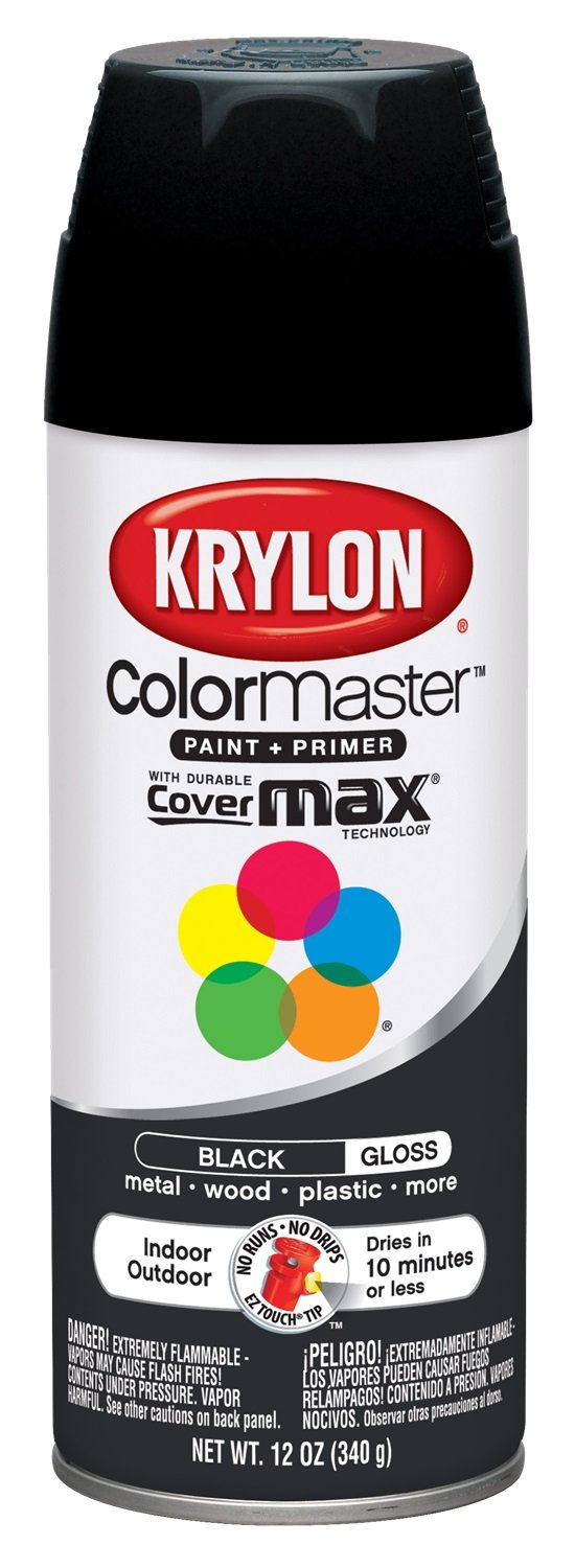 Krylon K05160107 ColorMaster Paint + Primer - Gloss Black, 12 oz Spray Paint for DIY Projects, Home Decor, Metal, Wood & Plastic Surfaces