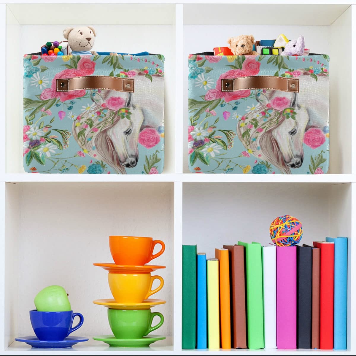 Square Canvas Storage Basket Organizer - 2 Pack for Home, Office, Closet & Shelf | Horses & Flowers Design | Perfect for Toys, Books, Laundry & Home Decor