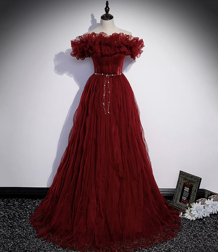 Elegant Burgundy Tulle Long Prom Dress for Formal Evening Events - J4657 | Perfect for Homecoming, Dances & Special Occasions
