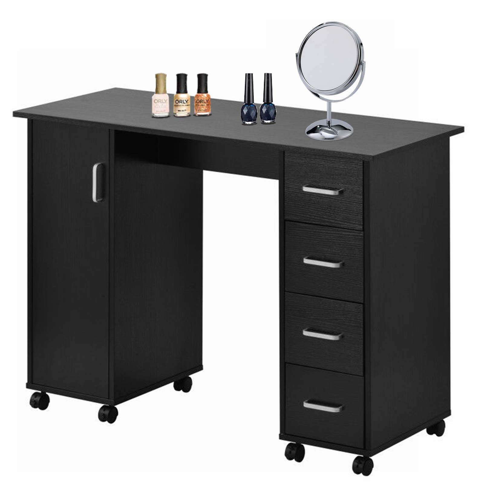 Professional Gynsseh Manicure Nail Desk for Salon Technicians - Acetone-Resistant Wooden Nail Table with Storage Cabinet, Drawers & Lockable Wheels - Perfect for Spa, Beauty Salon & Home Nail Studio (Black)