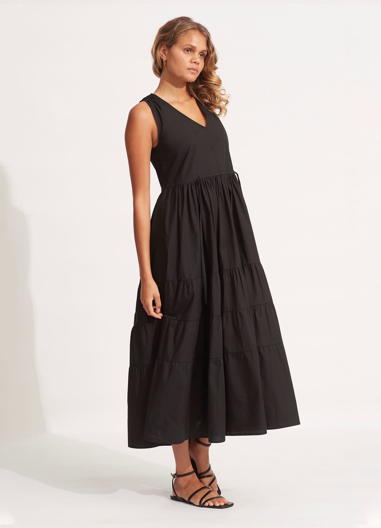 Elegant Black Cotton Poplin Maxi Dress for Women - Summer Beach Wedding & Casual Outfit
