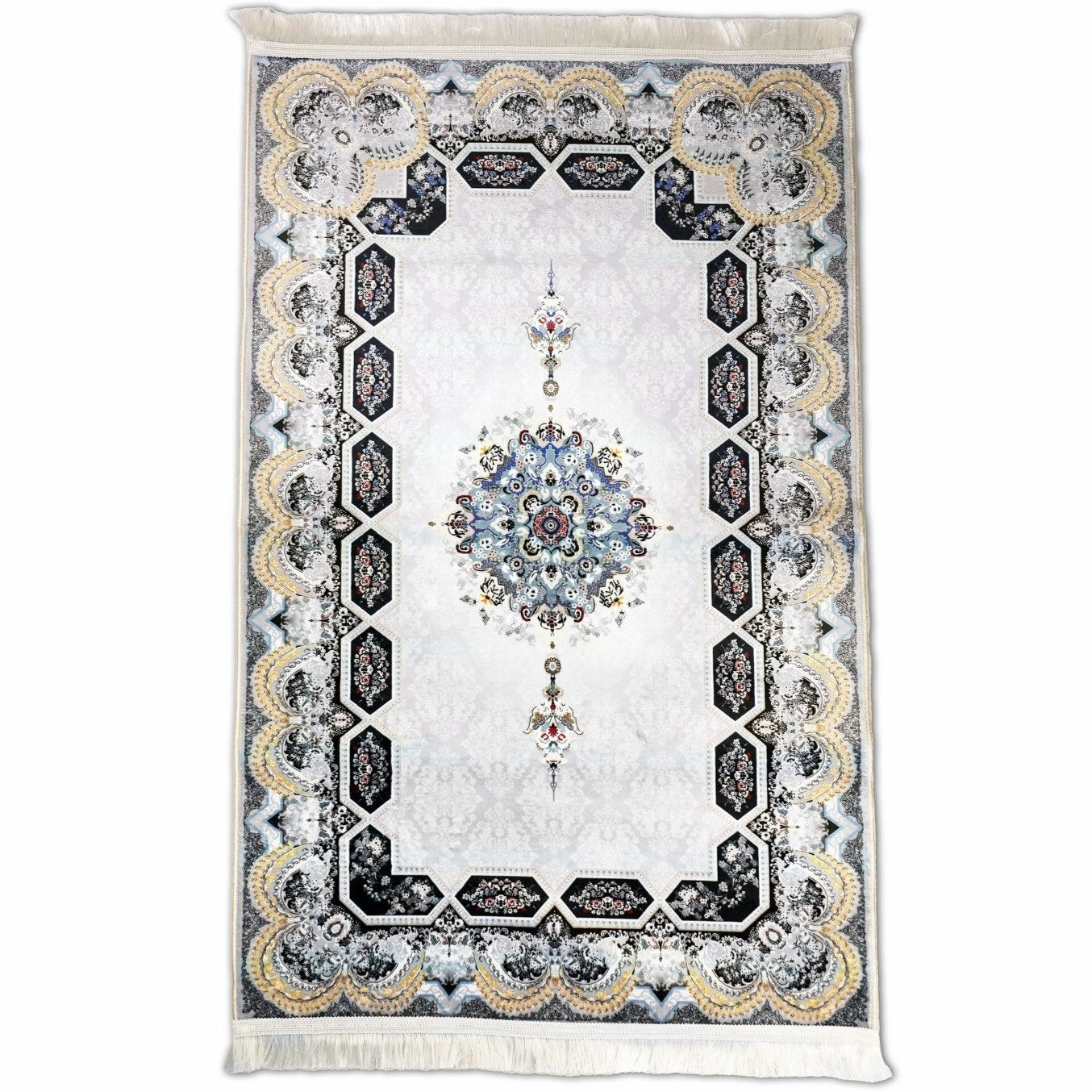 Premium Muslim Prayer Mat with White & Gold Intricate Islamic Designs - Non-Slip Travel Prayer Rug for Home, Mosque & Outdoor Use