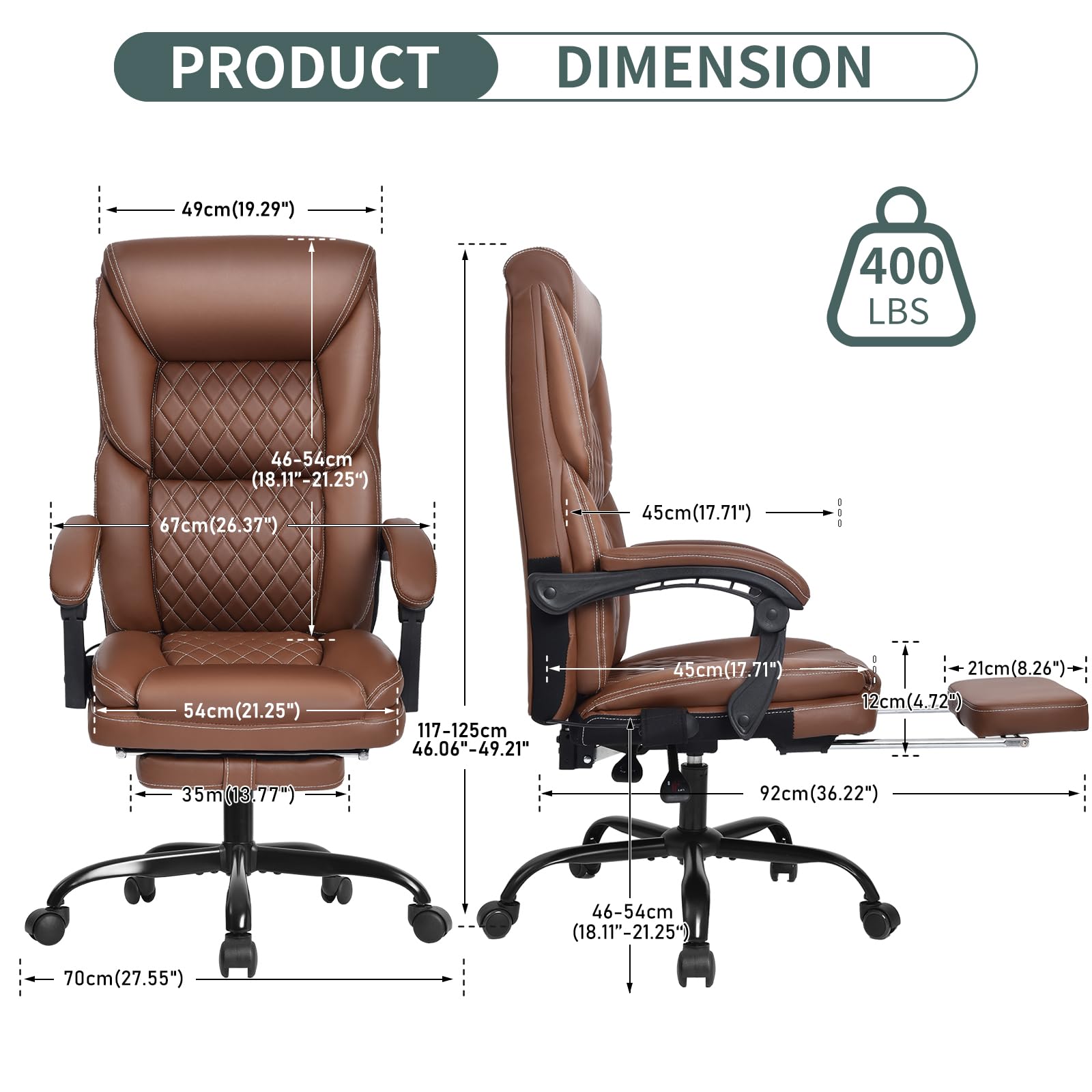 Big and Tall Ergonomic Office Chair with Footrest - High Back Reclining Leather Computer Gaming Chair with Lumbar Support for Home & Office (Brown) | Perfect for Long Work Hours, Gaming Sessions & Remote Work Comfort