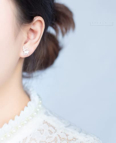 Hypoallergenic Sterling Silver Deer Christmas Tree Stud Earrings for Women - Cartilage & Lobe Piercing Jewelry - Perfect Holiday Gift for Christmas, Party & Festive Occasions