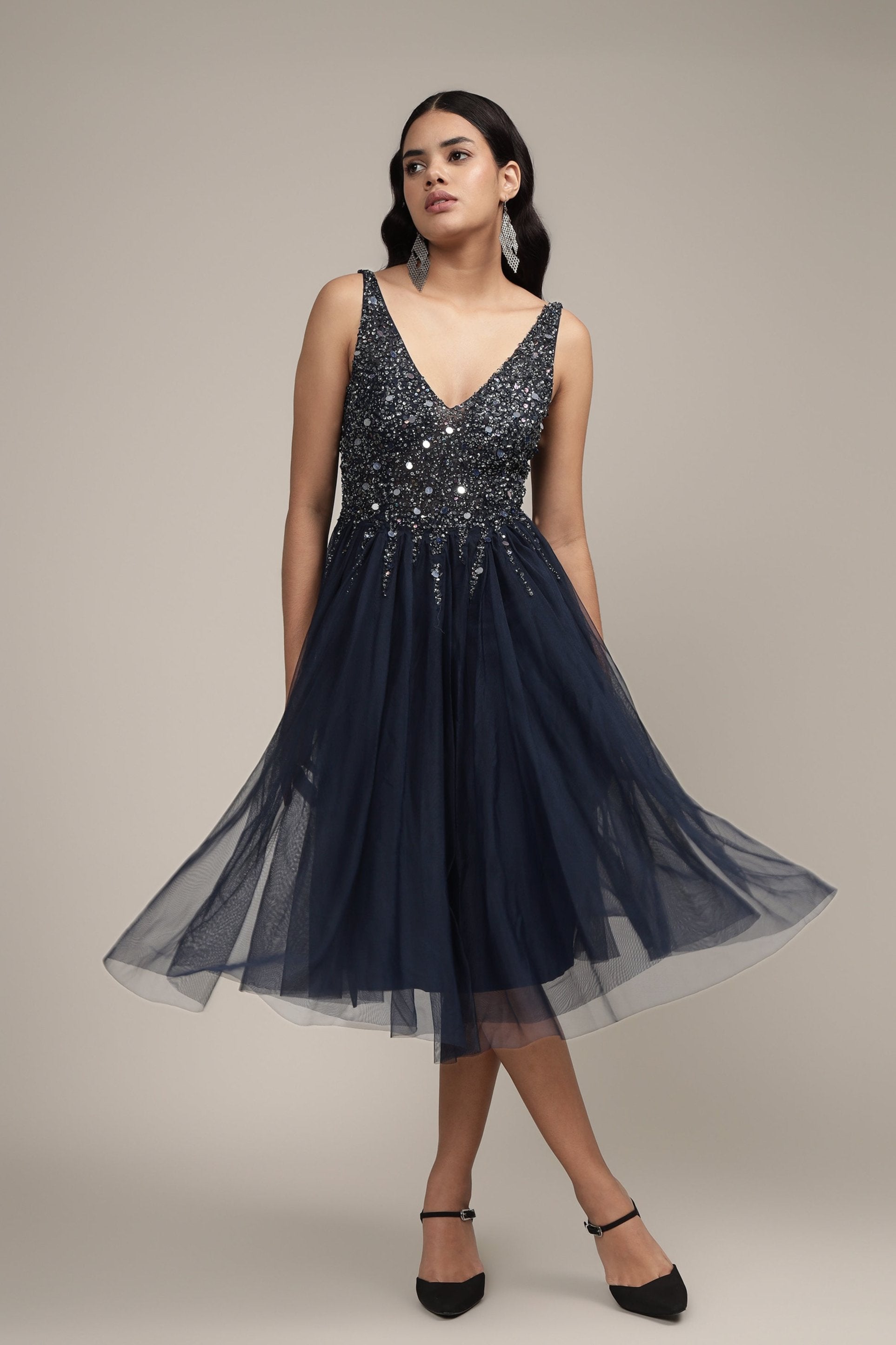 Elegant Dark Blue Embellished Mini Dress for Women - Perfect for Cocktail Parties, Date Nights & Special Occasions