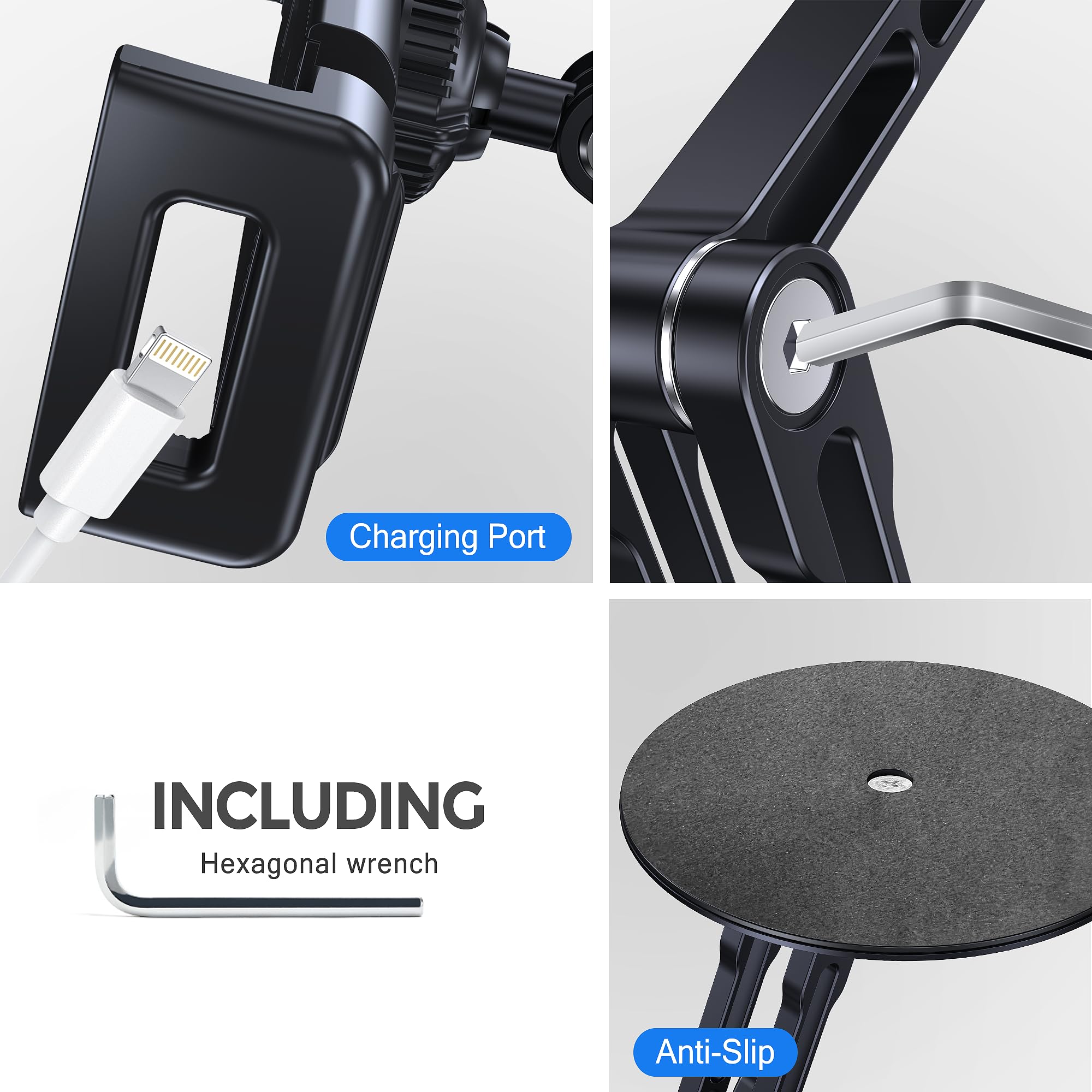 Adjustable 360° Rotating Aluminum Tablet Stand Holder for iPad - Compatible with iPad Air/Mini/Pro 11/13, 10.2/9.7 inch Models - Perfect for Desk, Office, Home & Bedroom Use (Black)