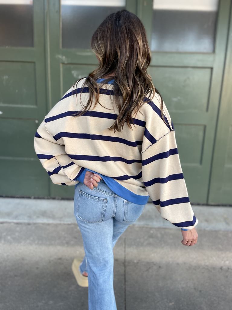 PREORDER: Navy Stripe Contrast Trim Cardigan | Women's Knit Sweater | Perfect for Office Wear & Casual Outfits