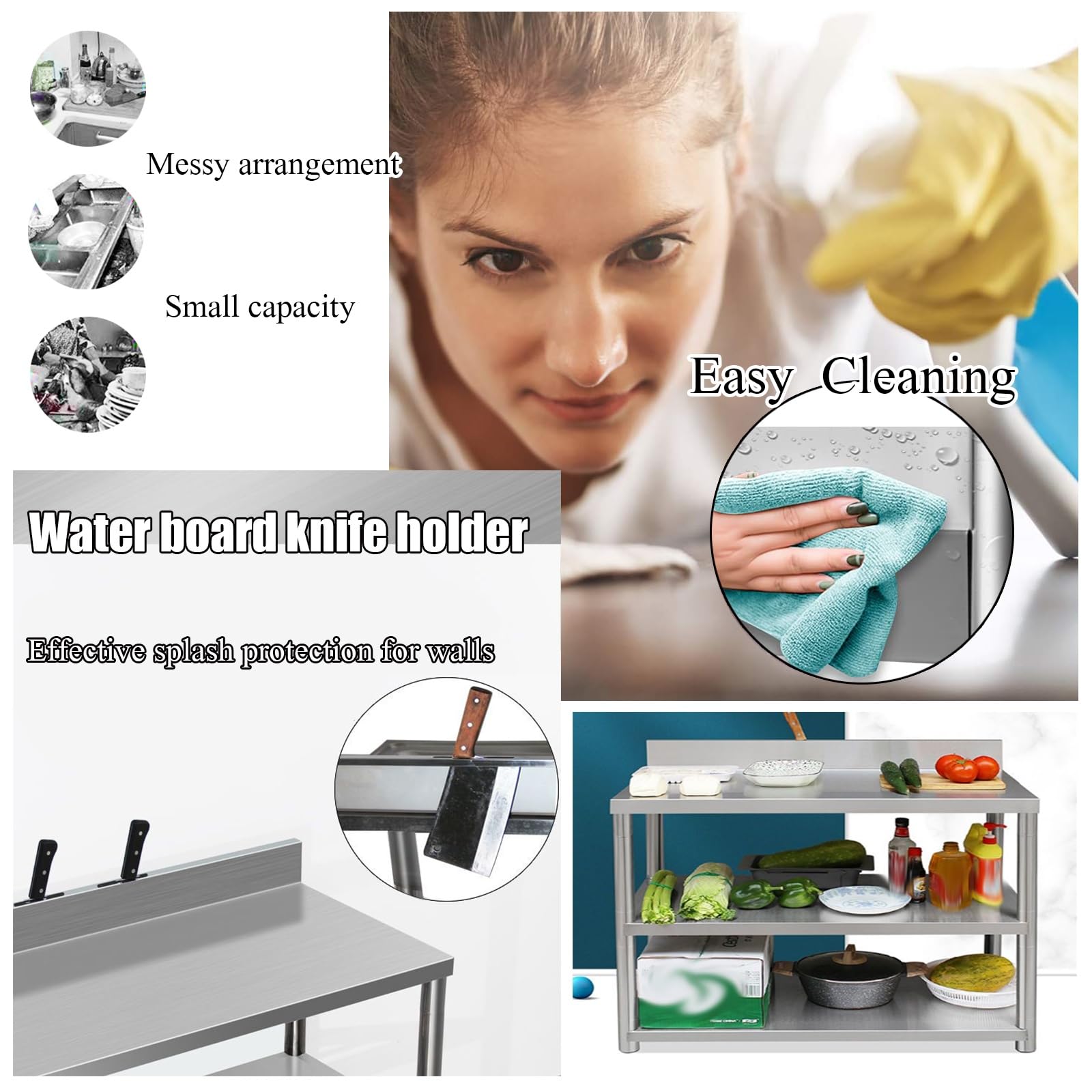 Stainless Steel Commercial Kitchen Work Table with 3.5CM Thick Worktop & Double Shelf - Heavy Duty Food Prep Table for Restaurant, Bar, Bakery & Home Kitchen (Silver, Two-layer Board) - Perfect for Food Preparation, Cooking, Baking & Commercial Kitchen Use