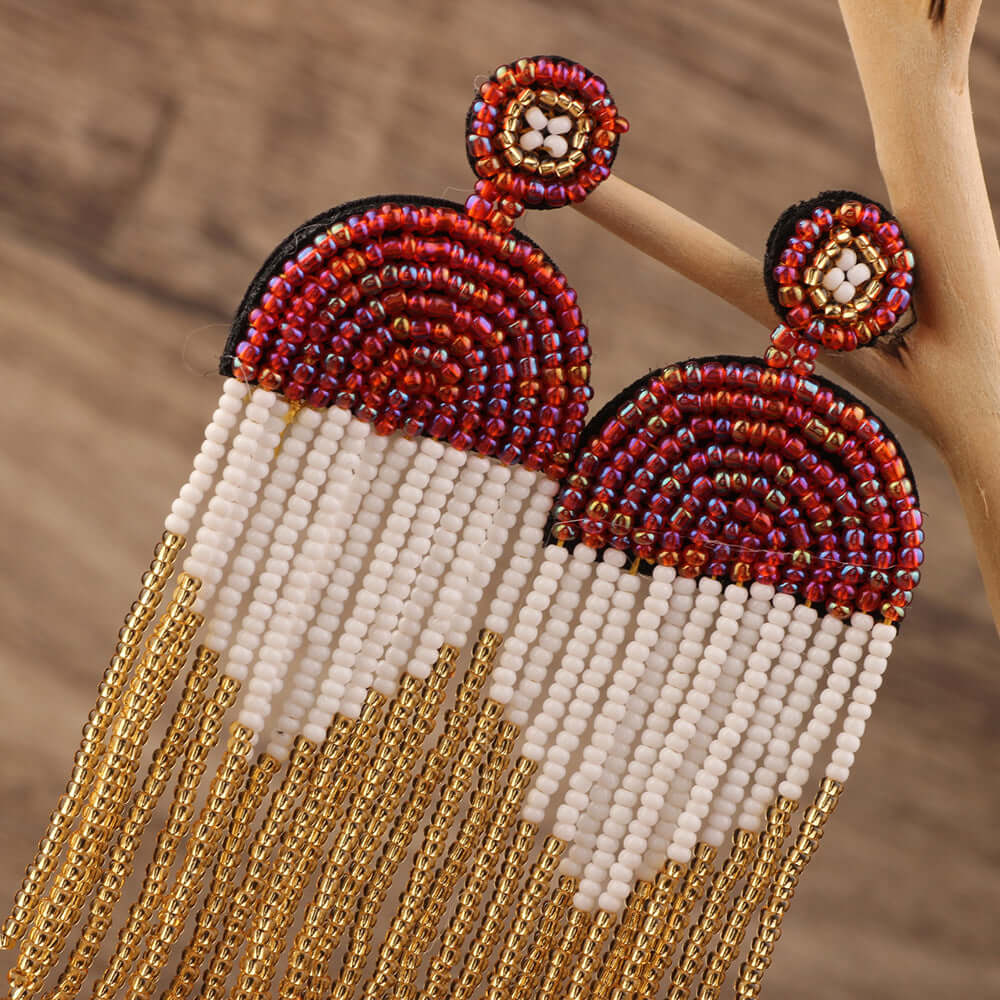 Bohemian Color Seed Beads Tassel Fringe Earrings for Women | Handmade Dangle Earrings with Natural Stones | Perfect for Festivals, Parties and Boho Fashion (Style E68671)