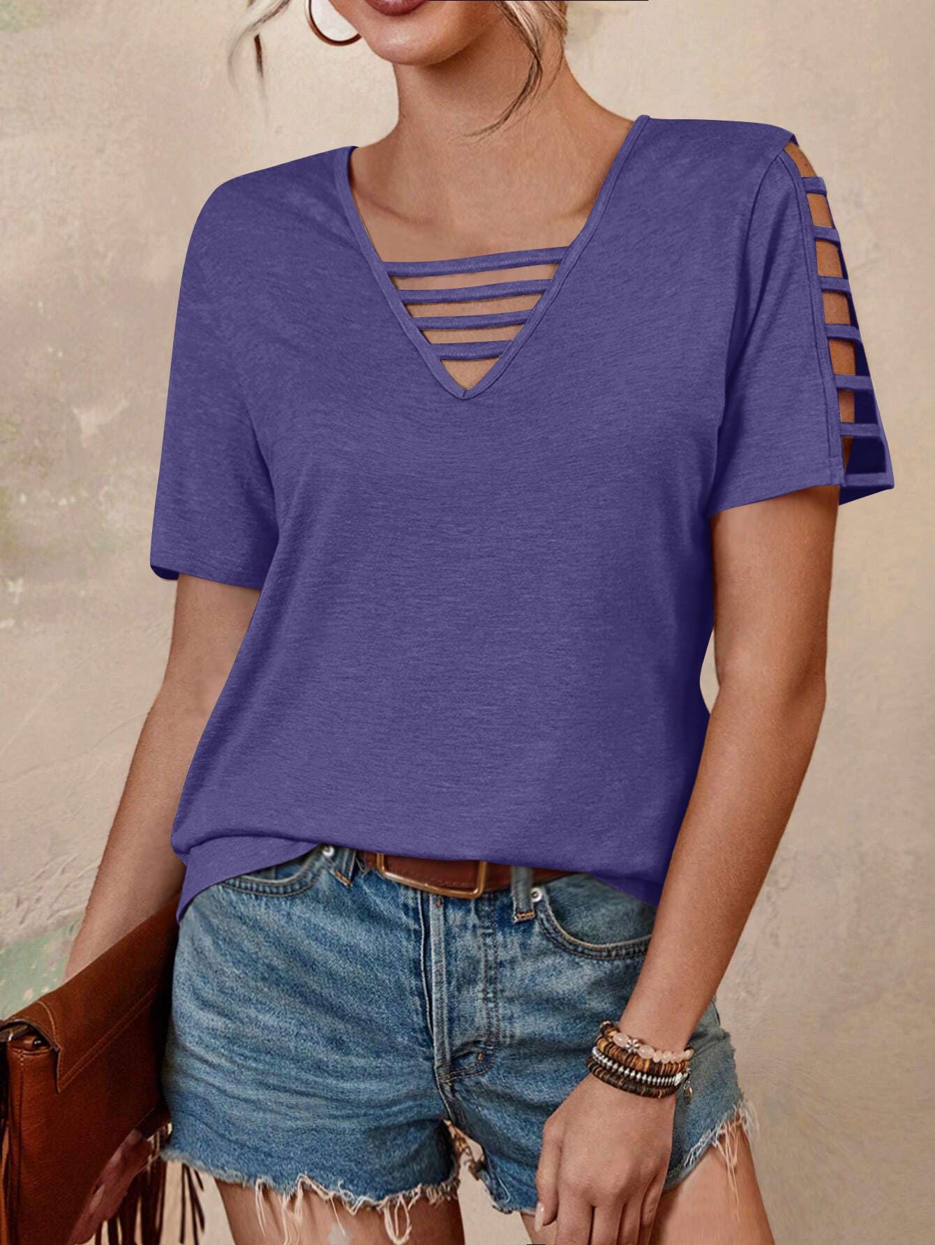 Women's Loose Fit V-Neck Hollow Out Short Sleeve T-Shirt - Summer Casual Basic Top for Beach Vacation 2025 | Perfect for Travel, Outing and Daily Wear