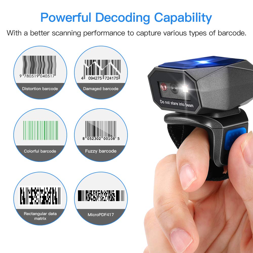 Eyoyo Upgraded 2D Ring Barcode Scanner - Bluetooth, USB Wired & 2.4G Wireless Wearable Mini Barcode Reader for 1D/2D QR Codes, Data Matrix, PDF417 - Compatible with iPhone, Android, Tablet, PC - Perfect for Retail, Warehouse, Inventory Management & Mobile POS Systems