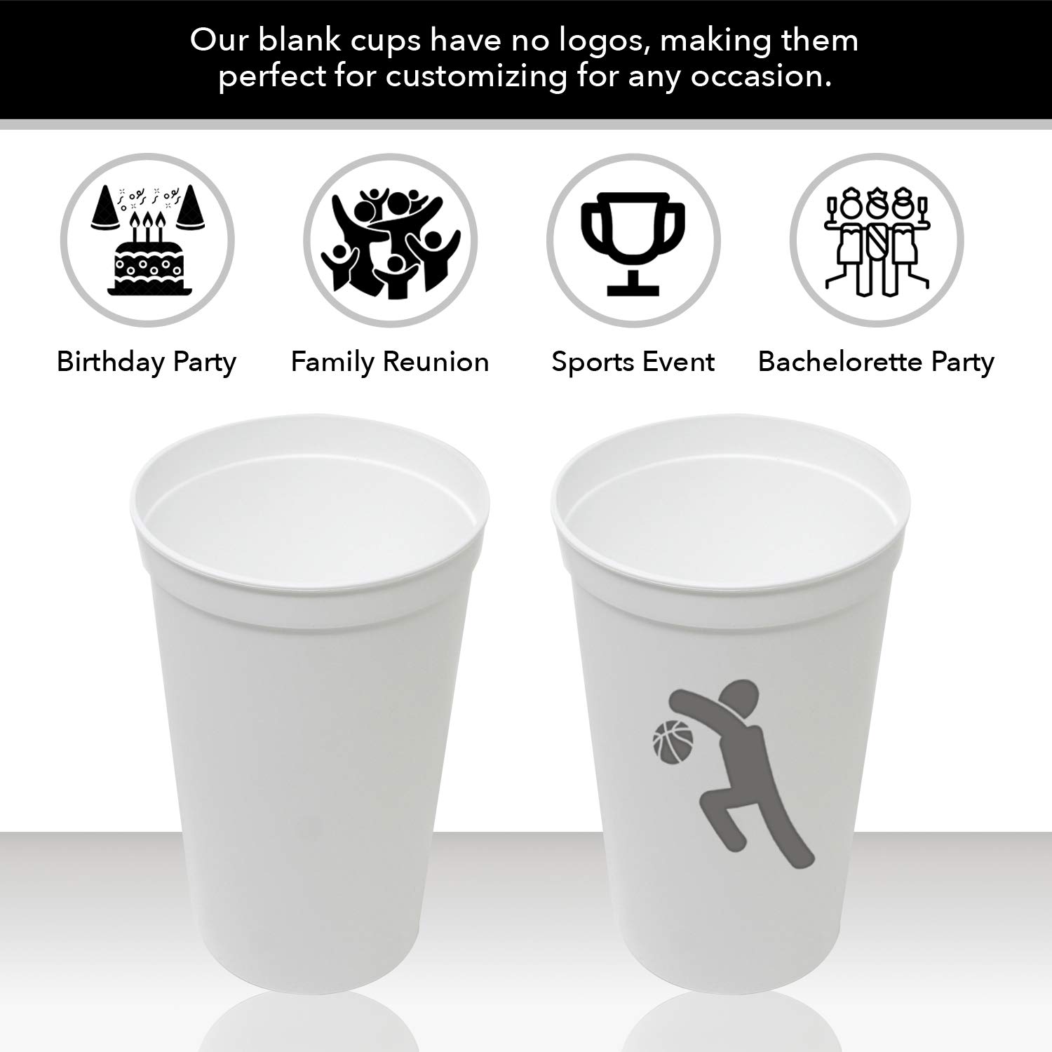 Rolling Sands 22oz Reusable Plastic Stadium Cups - 8 Pack White BPA-Free Dishwasher Safe Tumblers | Made in USA | Perfect for Parties, BBQs, Sports Events & Outdoor Gatherings