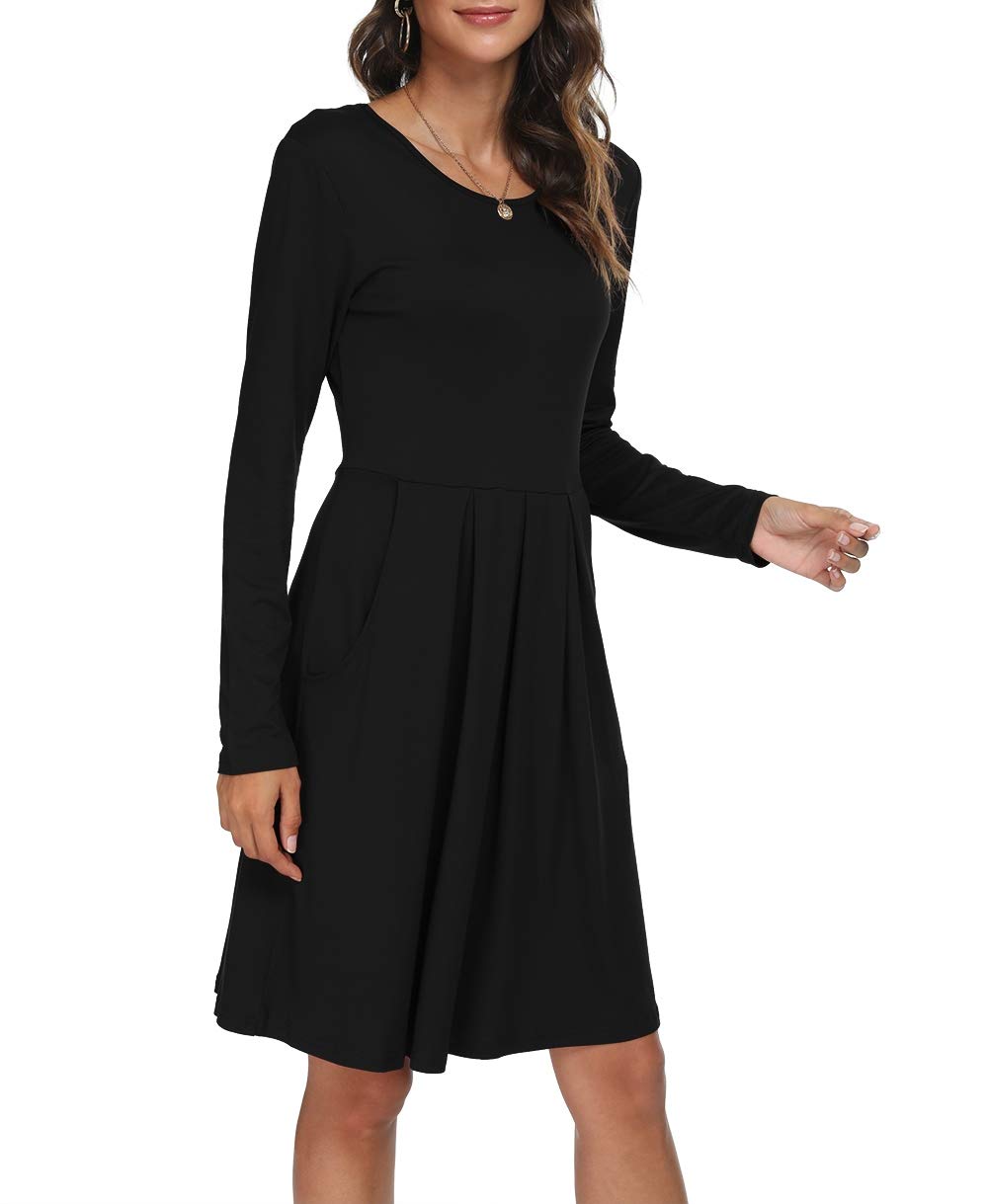 DouBCQ Women's Casual Long Sleeve Flowy Pleated Fall Dresses with Pockets - Elegant & Comfortable for Work, Date Night & Autumn Outfits