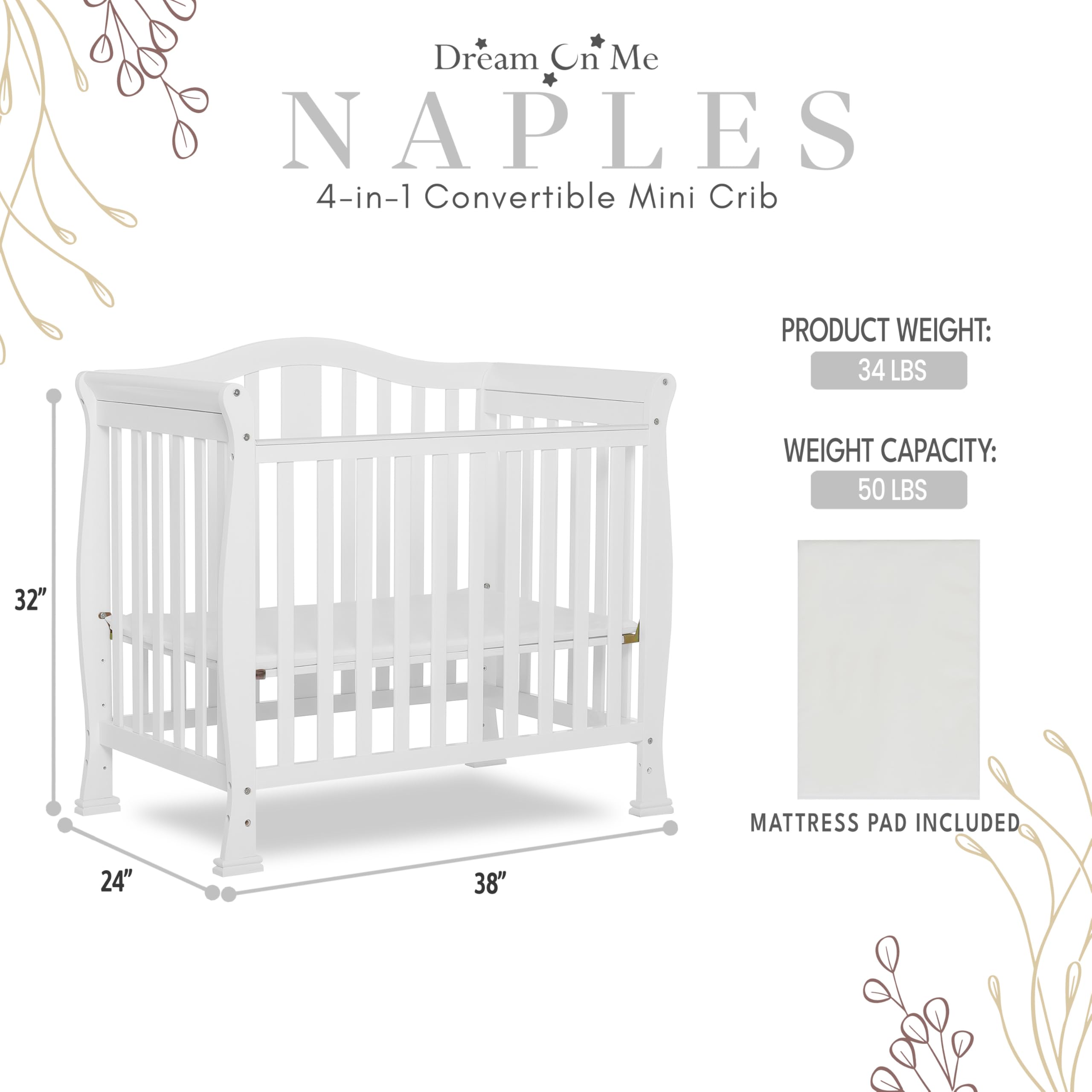 Dream On Me Addison 4-in-1 Convertible Mini Crib - White | GREENGUARD Gold Certified | Non-Toxic New Zealand Pinewood | Includes 1