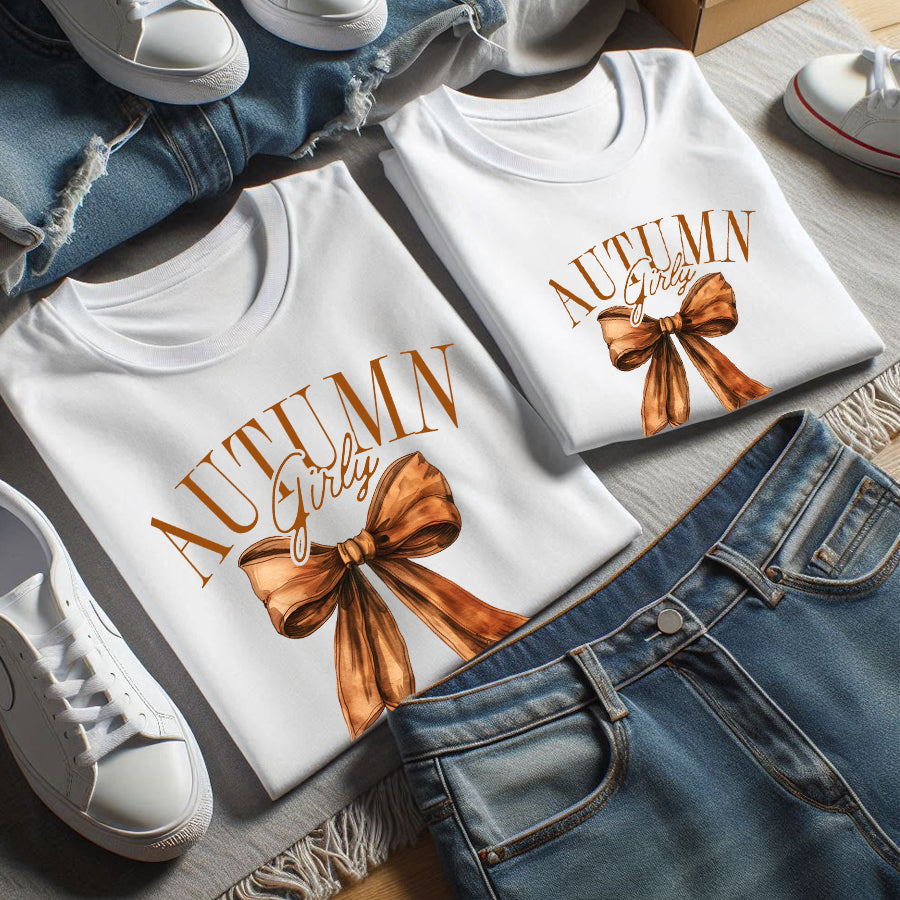Stylish Autumn Bow Print Matching T-Shirts for Women - White | Perfect for Fall Outfits, Family Photos & Seasonal Events