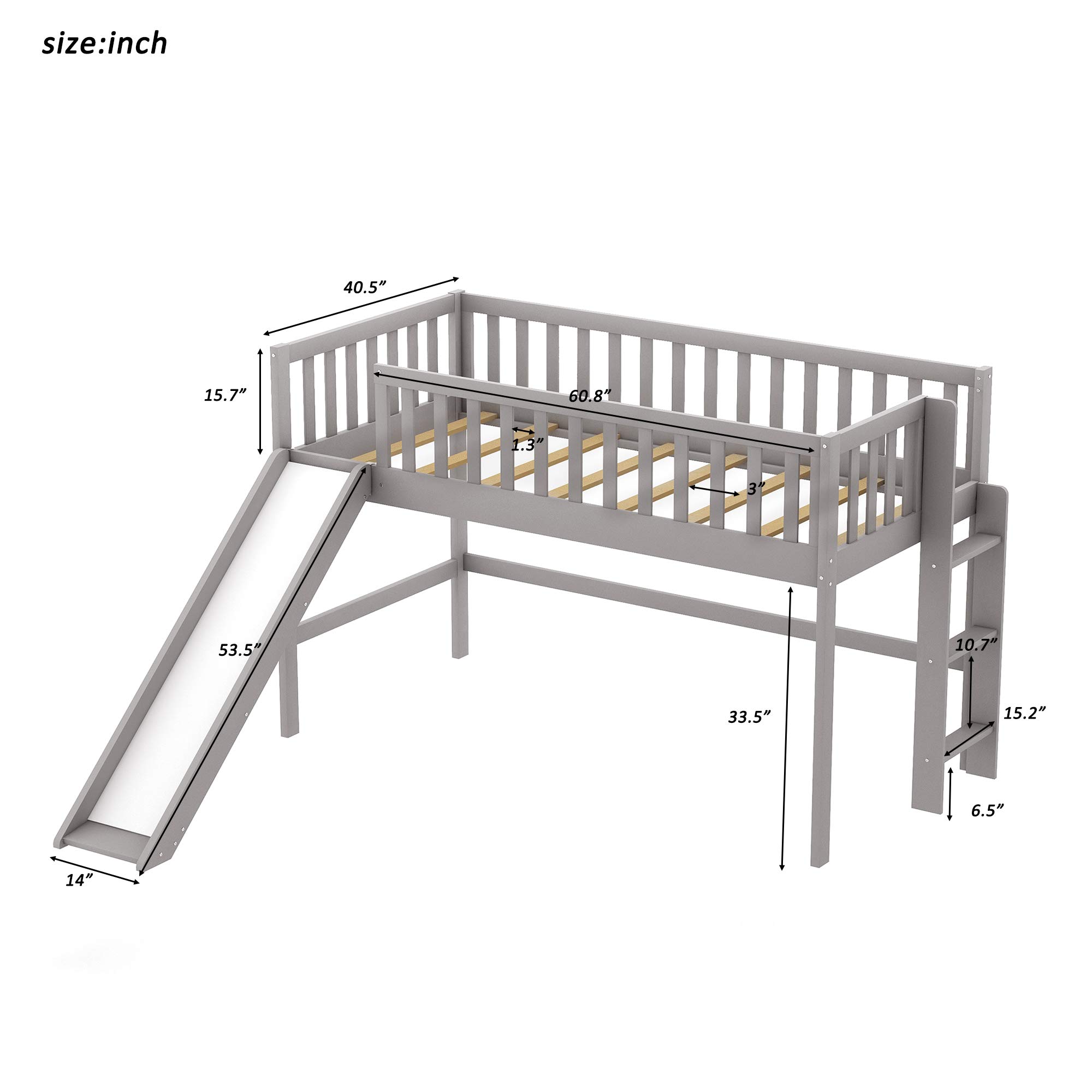 Merax Twin Size Wooden Loft Bed with Slide & Ladder - Low Profile Kids Bed Frame in Gray for Bedroom, Living Room | Space-Saving Sleep Solution for Small Rooms & Play Areas