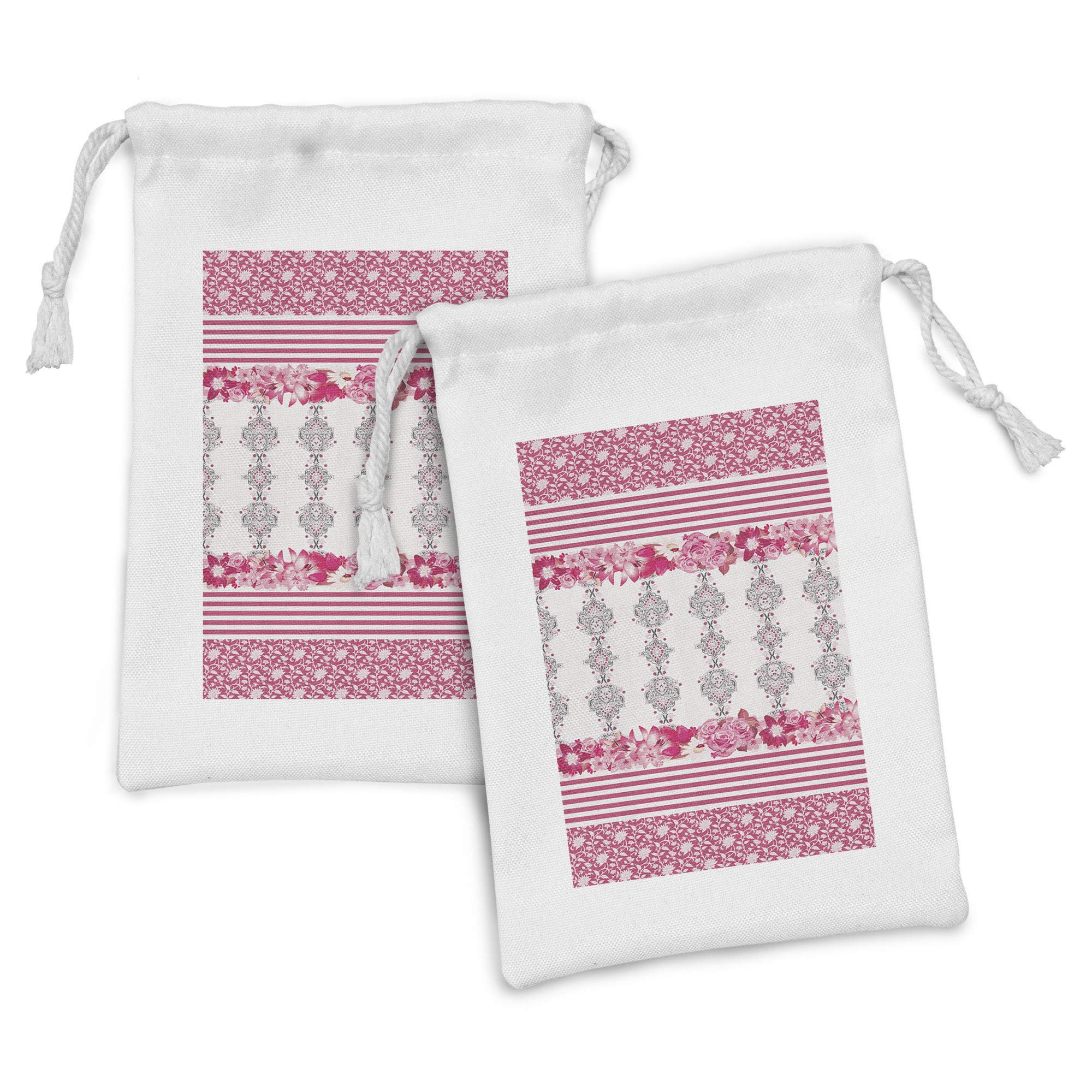Ambesonne 2-Pack Pink Floral Fabric Pouches - Vintage Spring Blooms & Oriental Damask Drawstring Bags (9