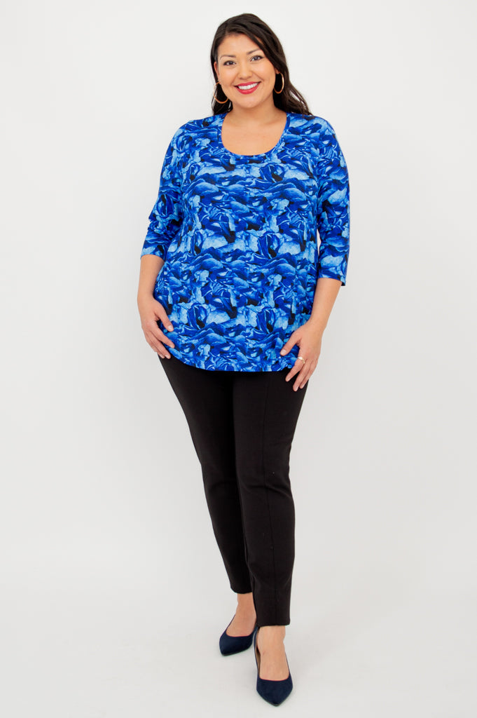 Jazz 3/4 Sleeve Women's Tops - Soft Blue Rose Print Bamboo Fabric Blouse for Casual Wear & Summer Outfits