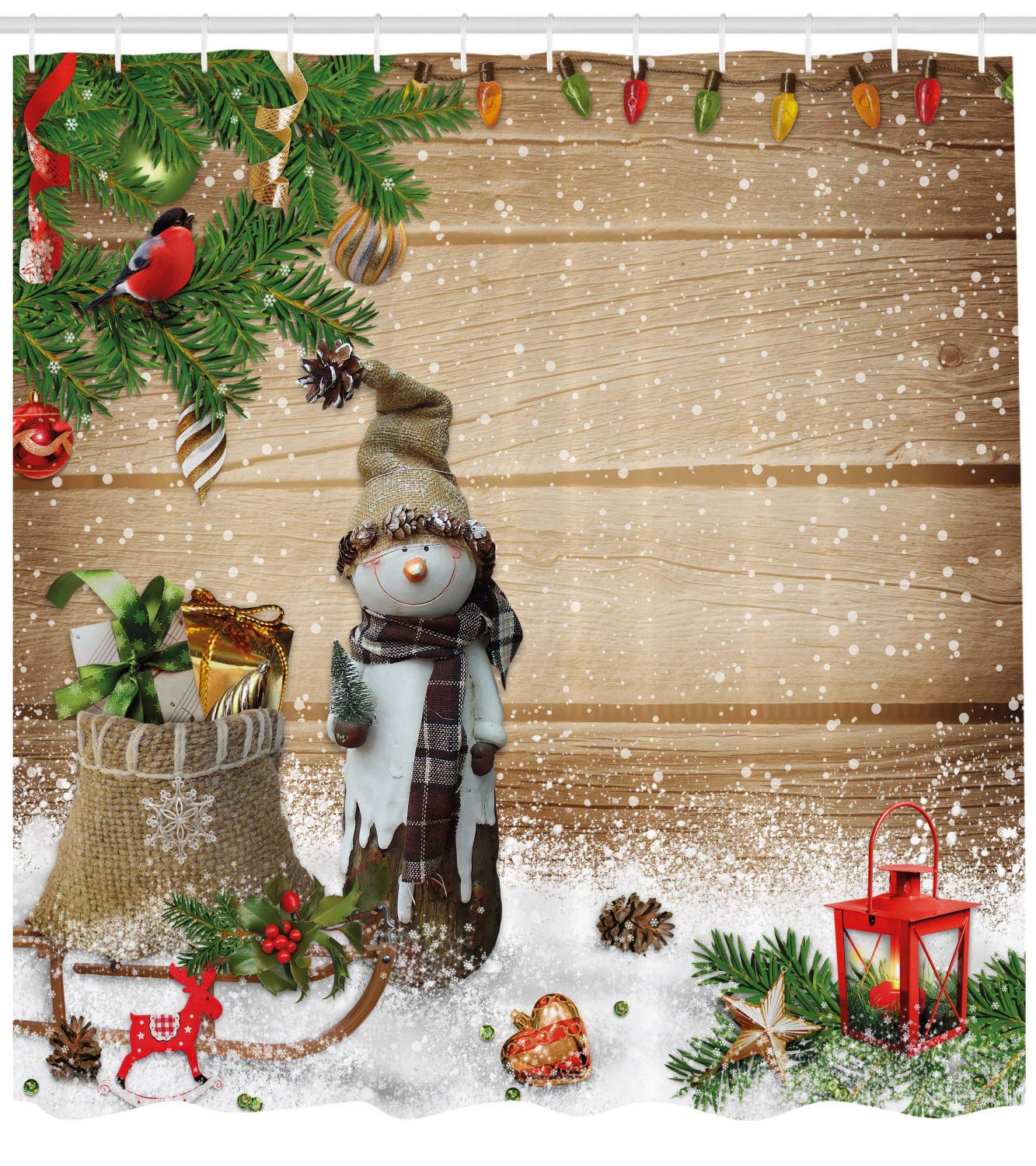 Ambesonne Christmas Shower Curtain - Funny Snowman Garden Design with Present Bag Garland, 69x84 Inch Fabric Bathroom Decor Set with Hooks | Holiday Bathroom Decor for Christmas, Winter Home Decor Gift Idea