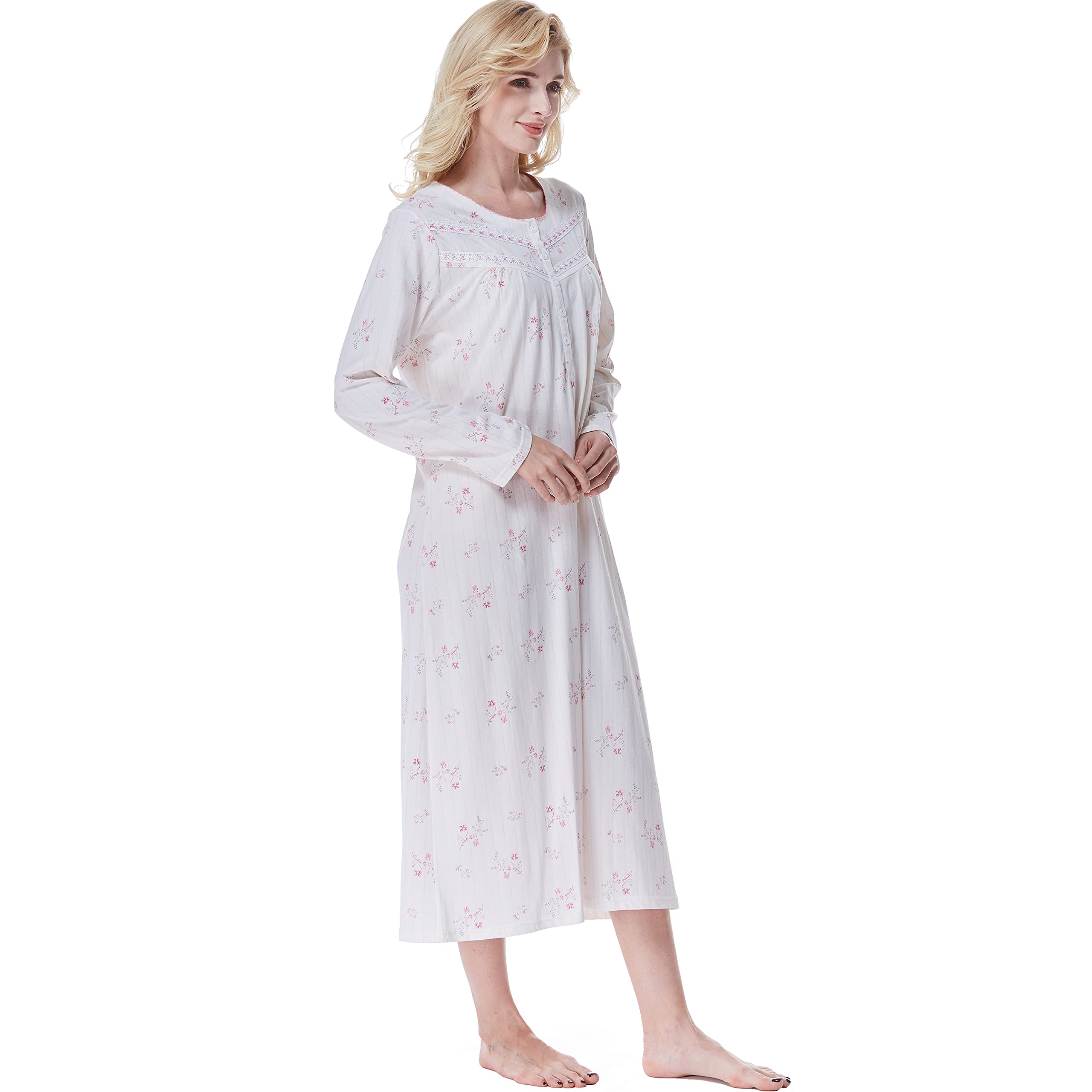 Keyocean Women's Soft Cotton Long Sleeve Nightgown - Comfortable Lightweight Sleepwear for Relaxing at Home & Lounge Wear