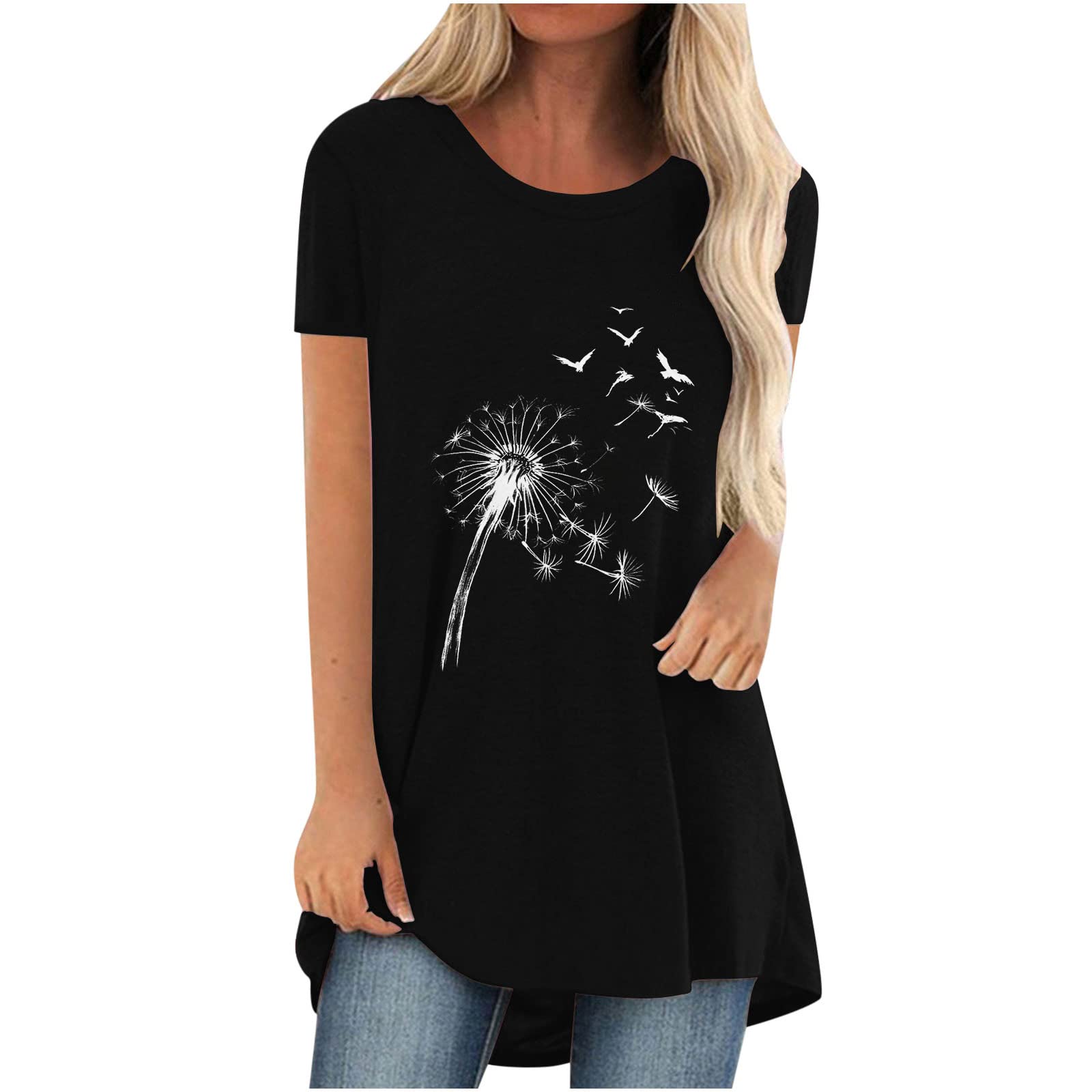 Women's Dandelion Print Tunic Tops - Summer Short Sleeve Flowy Blouse for Casual Wear | Loose Fit Shirt to Pair with Leggings | Perfect for Office, Weekend Outings & Summer Vacations