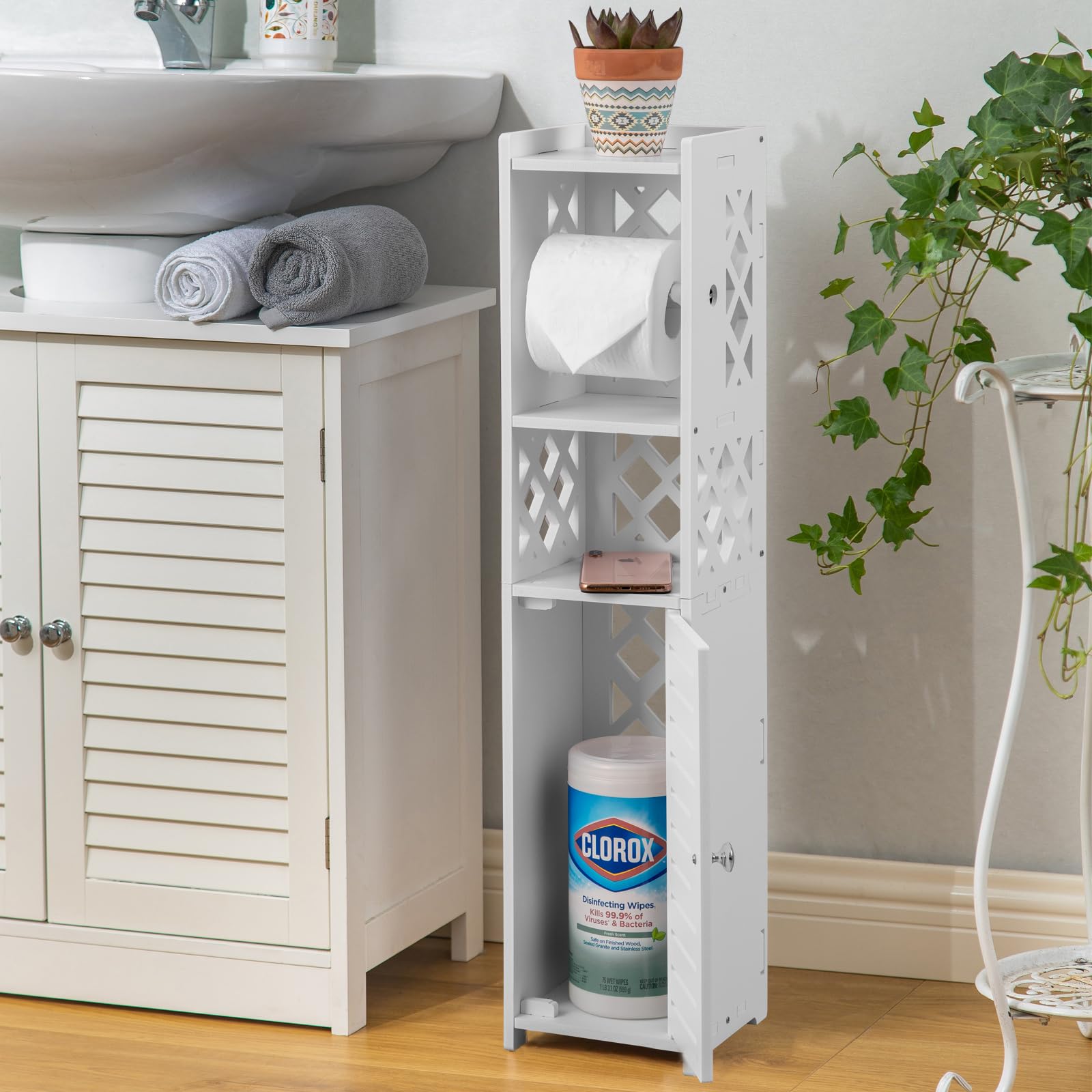 Toilet Paper Storage Cabinet - Slim Bathroom Organizer with Toilet Paper Holder Insert, Space-Saving Stand for Small Bathrooms (White) by H HUIYKALY - Perfect for Apartments, RVs & Compact Bathrooms
