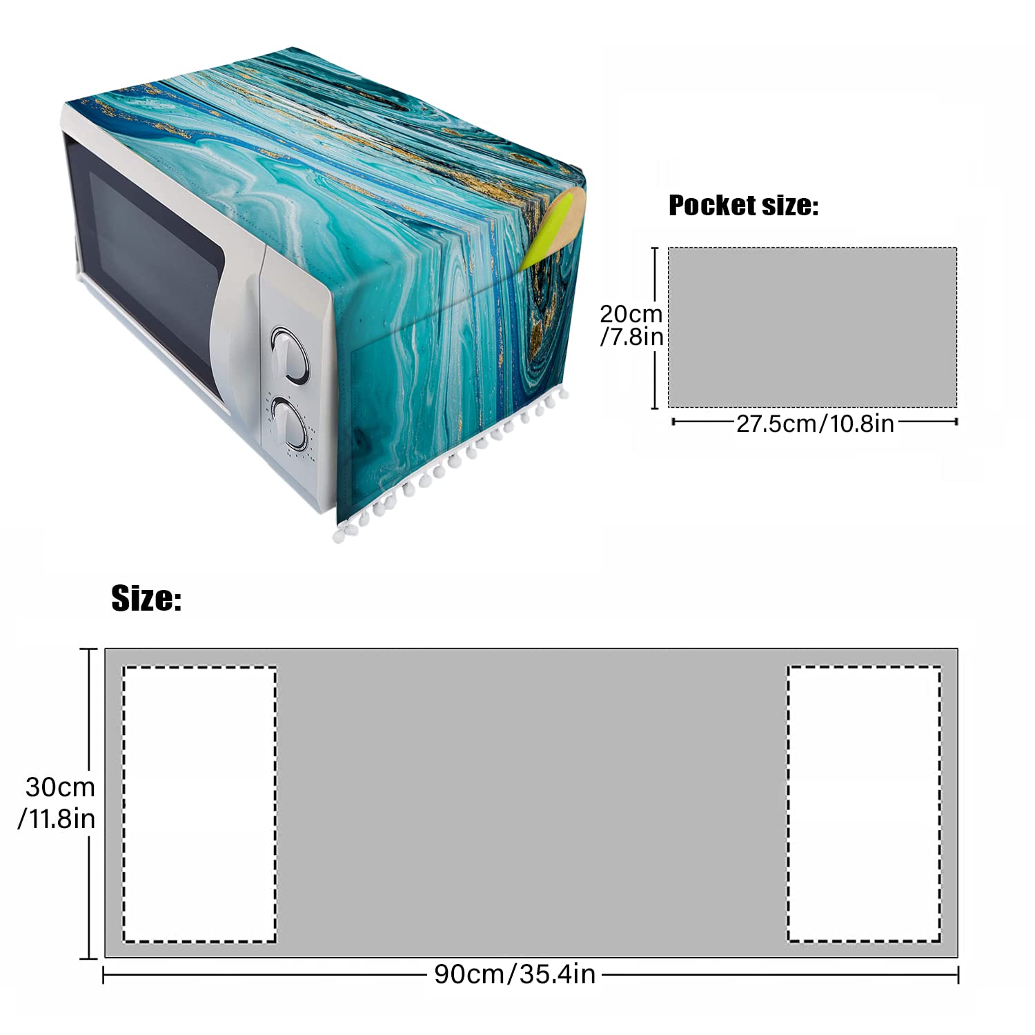 Microwave Oven Cover - Dust & Oil Proof Linen Protector with Side Pockets (11.8x35.4 inches) - Blue Gilt Marble Pattern for Kitchen Appliances - Perfect for Microwave, Toaster Oven & Countertop Protection