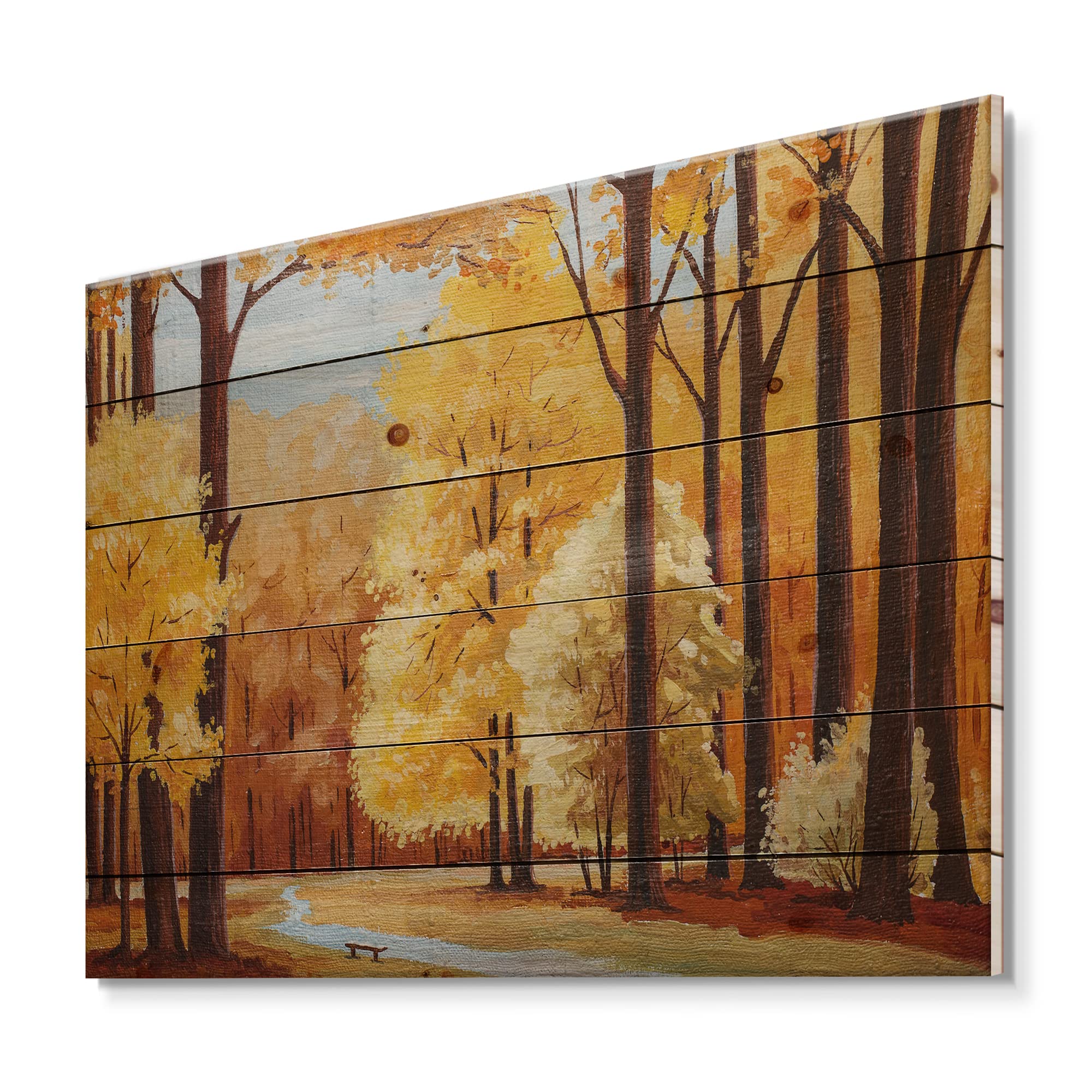 DesignQ Orange Autumn Trees At Dawn Farmhouse Wood Wall Decor - Large Yellow Wood Wall Art Panel with Landscape Print on Natural Pine - Perfect for Living Room, Bedroom & Home Office Decor