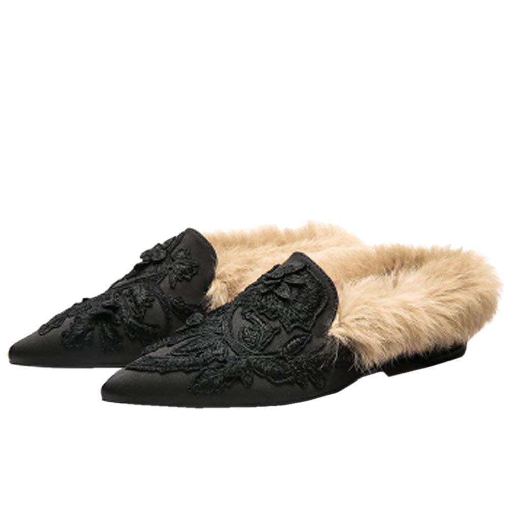 Fericzot Women's Slip On Loafers - Embroidered Mule Shoes with Plush Lamb Fur, Velvet Backless Slippers, Pointed Toe Slides | Comfortable House Shoes for Women, Perfect for Indoor Relaxation, Lounging & Casual Wear